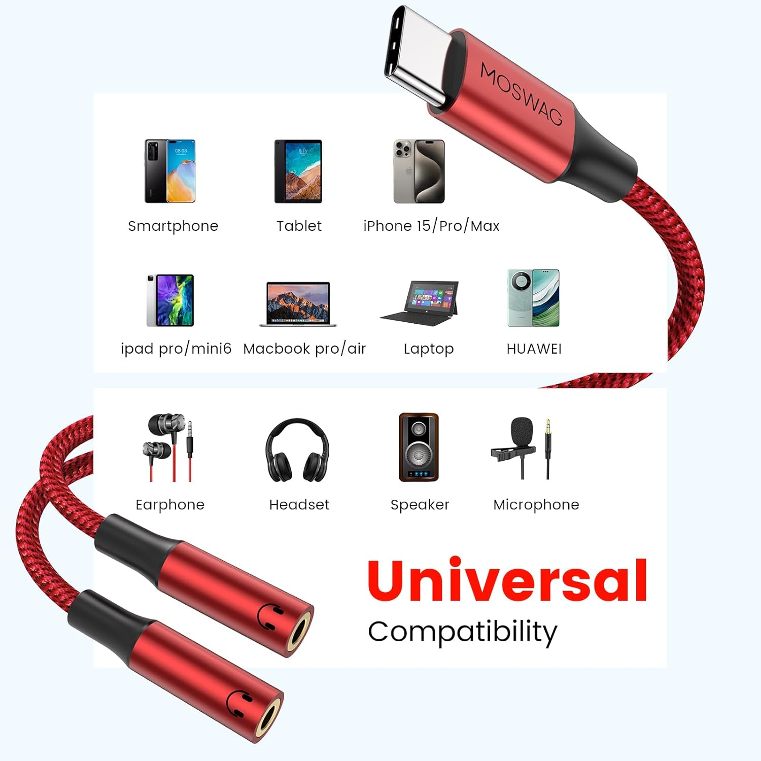 MOSWAG Type C to Dual 3.5Mm Aux Headphone Jack Adapter, Hi-Res 2 Way Audio Y Cable Cord Compatible with Ipad Samsung S23 S22 Google Pixel 7 6 Pro 5 - Red image number 2