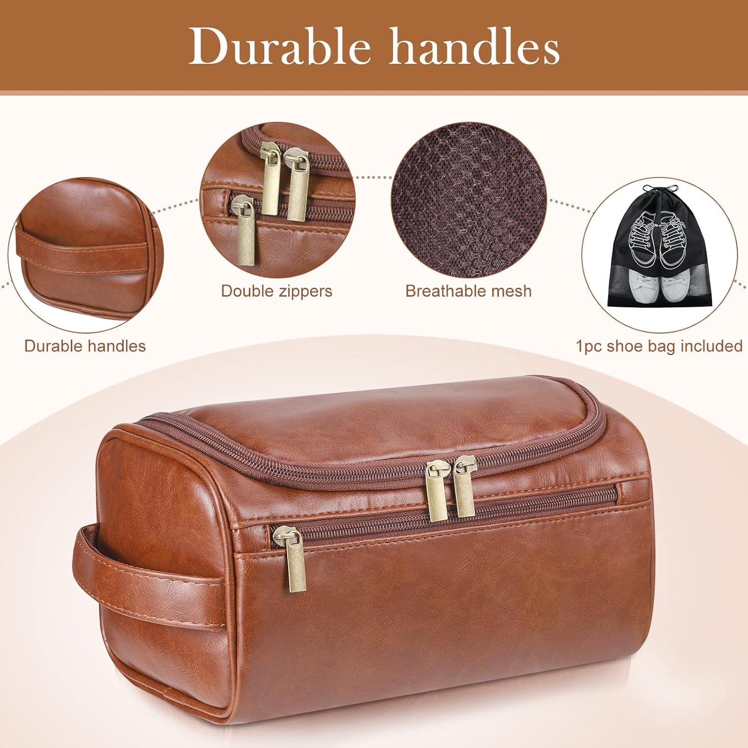 Zocipro Leather Toiletry Bag for Men, PU Artificial Leather Wash Bag for Travel, Gym & Shaving, Dry & Wet Separation with 3 Compartments - Perfect Men'S Hanging Washbag with Shoe Bag image number 1