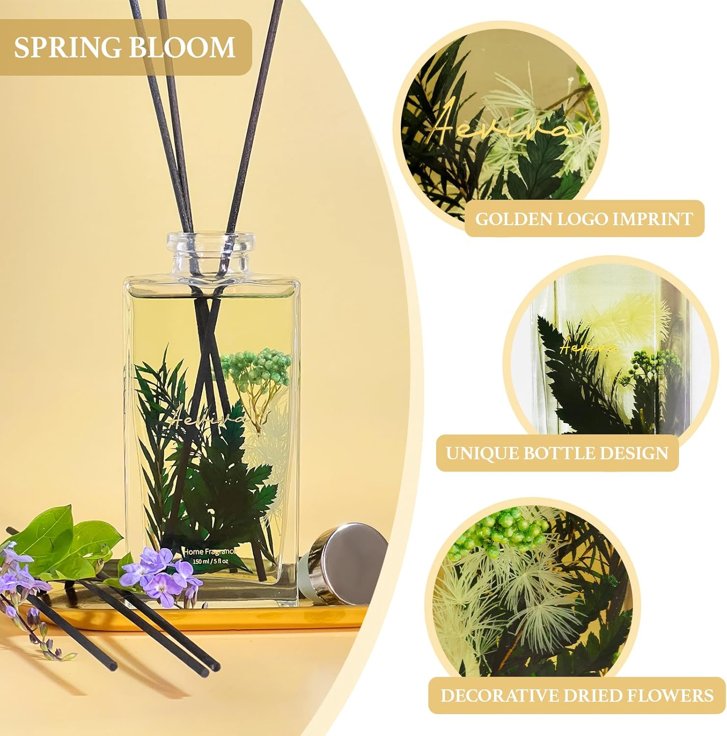 Reed Diffuser Set, 5 Fl Oz Glass Bottle Spring Bloom Scent Oil Diffuser, Home Fragrance with Reed Sticks for Bedroom, Office, Bathroom Shelf Decor & Gifts image number 3