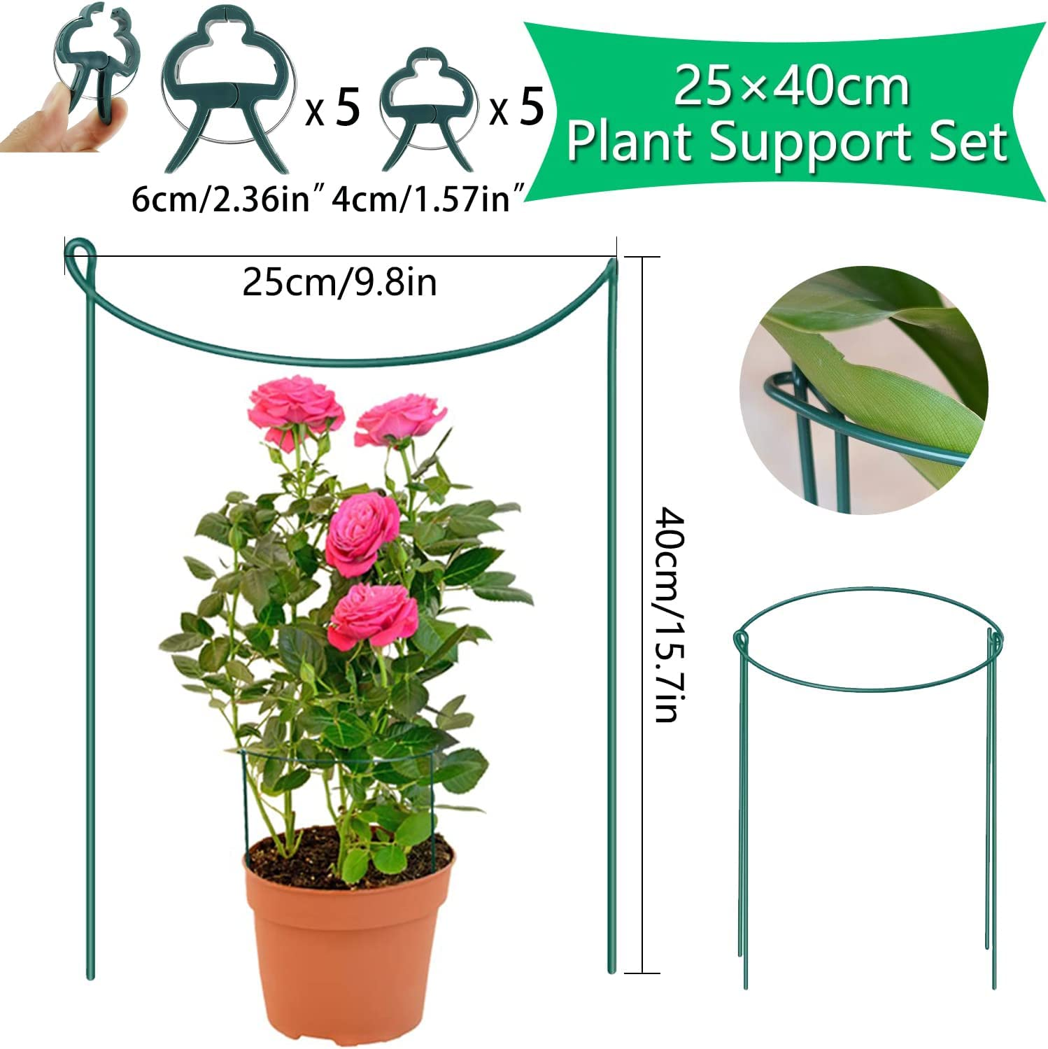 10 Pcs Plant Support Stakes Half round Plant Support Stake 9.8"W X 15.7"H Garden Outdoor Plant Support Ring Cage Detachable Metal Plant Cage Holder with 10 Pcs Plant Ties and Garden Plant Clips (10 Pcs) image number 1