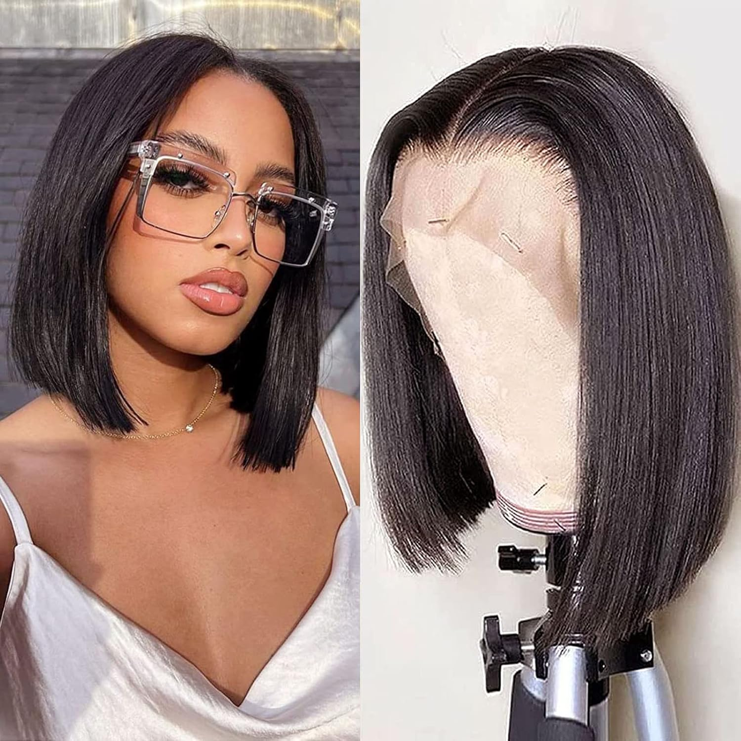 Huarisi 12 Inch Real Hair Wigs, Bob Front Lace without Gluing, Straight Human Hair, Short Straight Bob Wig for Black Women, 13 X 4 Lace Frontal Wigs, Natural Hairline, Pre Plucked image number 3
