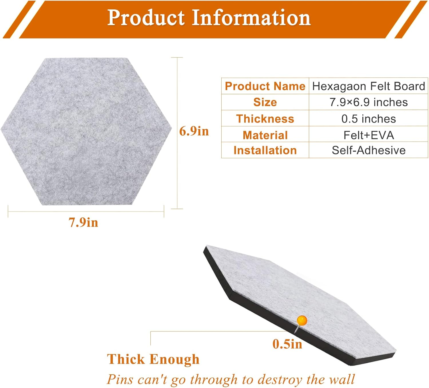 8Pcs Hexagon Felt Cork Board Tiles, Self Adhesive DIY Bulletin Board Pin Board for Office School Home Wall Decor Stickers Memos Photos Display (Camel & Grey) - A- Gradual Grey image number 5