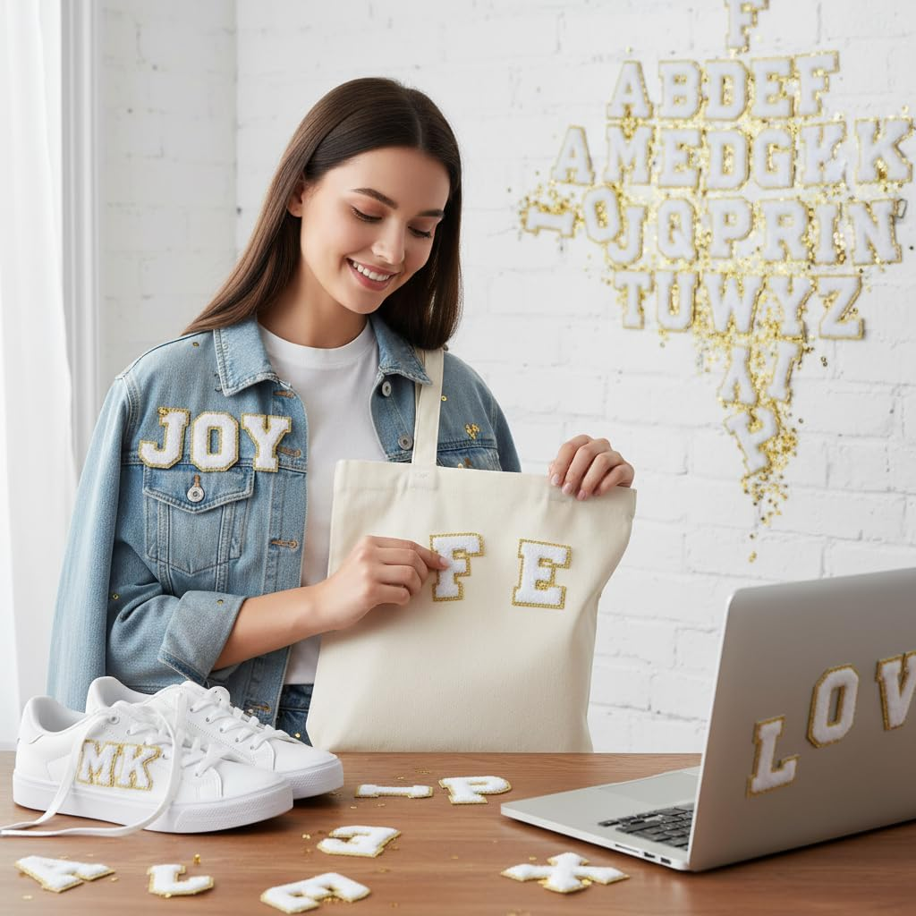 26Pcs Chenille Letter Patches A-Z for DIY Clothing, Fabric, Shoes, Bags &ndash; Self-Adhesive Decorative Iron-On Patches with Gold Trim, Premium Quality (White)&ndash; Ruibex image number 2