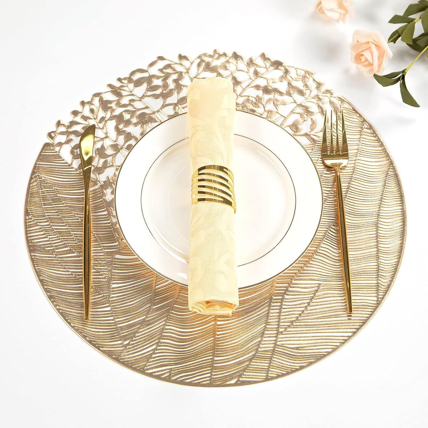 Gold Leaf Placemats Set of 8 Metallic round Placemats Wipeable Waterproof Table Mats for Kitchen Dinner Indoor Outdoor Wedding