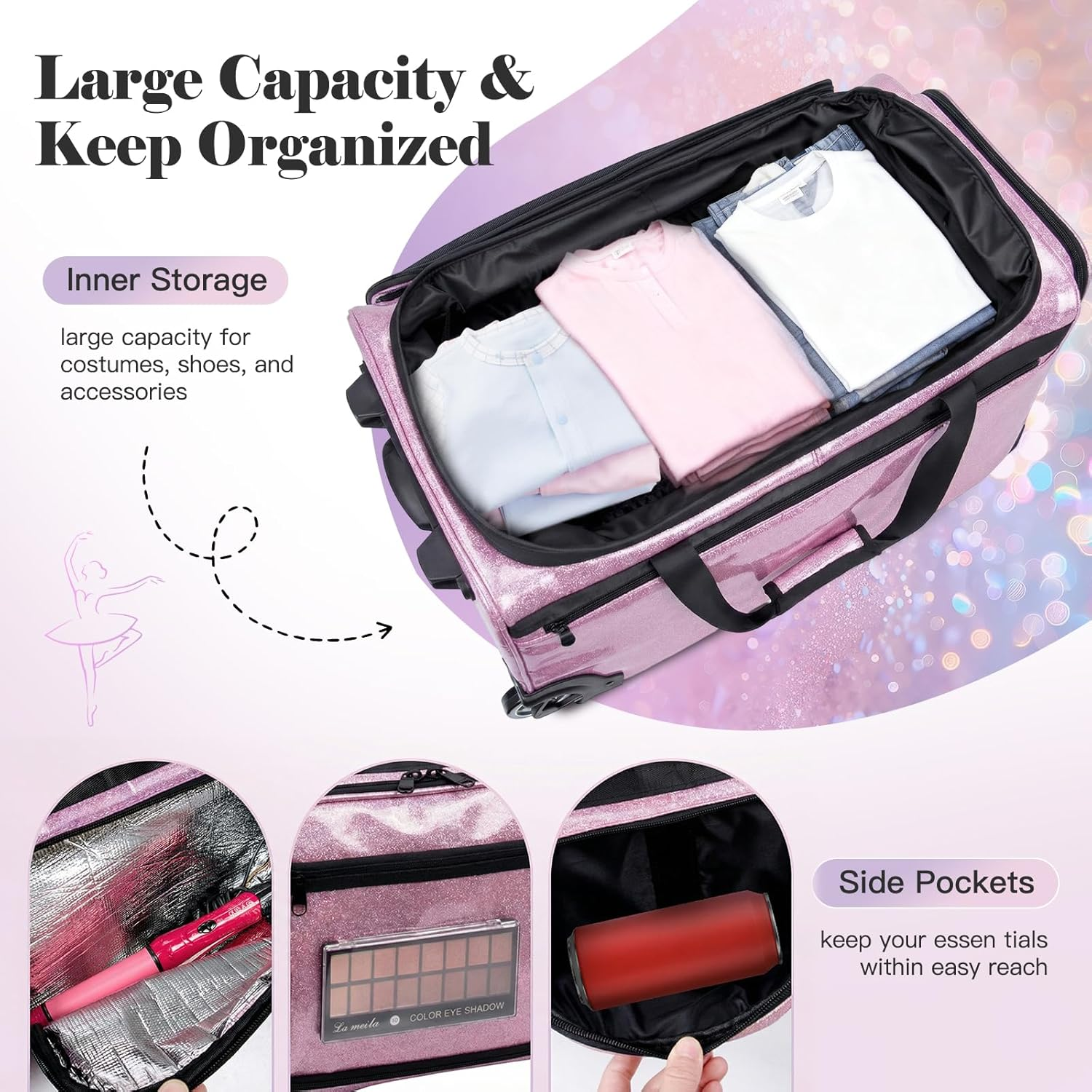 Advwin 3-In-1 Rolling Dance Bag with Instant Changing Design, Portable Garment Rack & USB Light Glitter Performance Duffel for Dancers