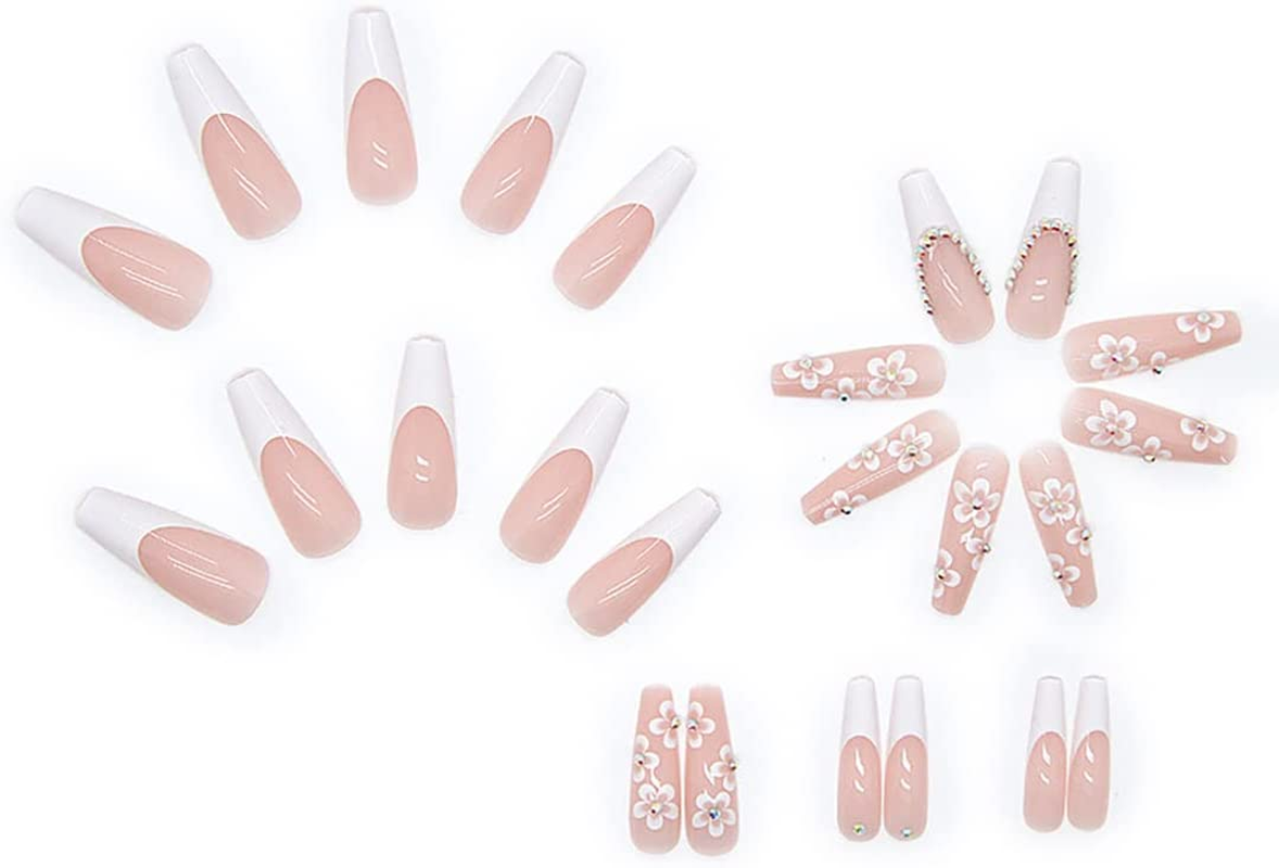 French White Press on Nails - 24 PCS Flower Fake Nails Long Coffin False Nails with Rhinestones Designs Stick on Nails for Women Girls Party Salon image number 4