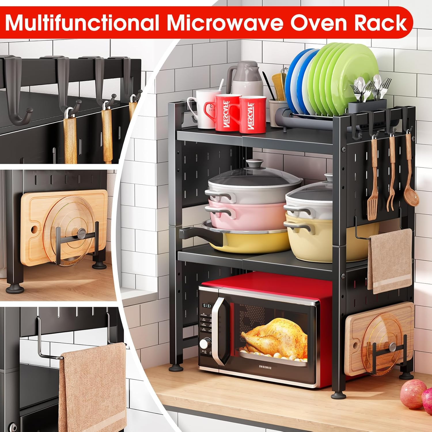 Expandable Microwave Stand,Heavy Duty 3-Tier Adjustable Height Microwave Oven Rack with 9 Hooks, Towel Rack, and Cutting Board Holder, Countertop Kitchen Shelf Organizer, Holds up to 180 Lbs, Black image number 2