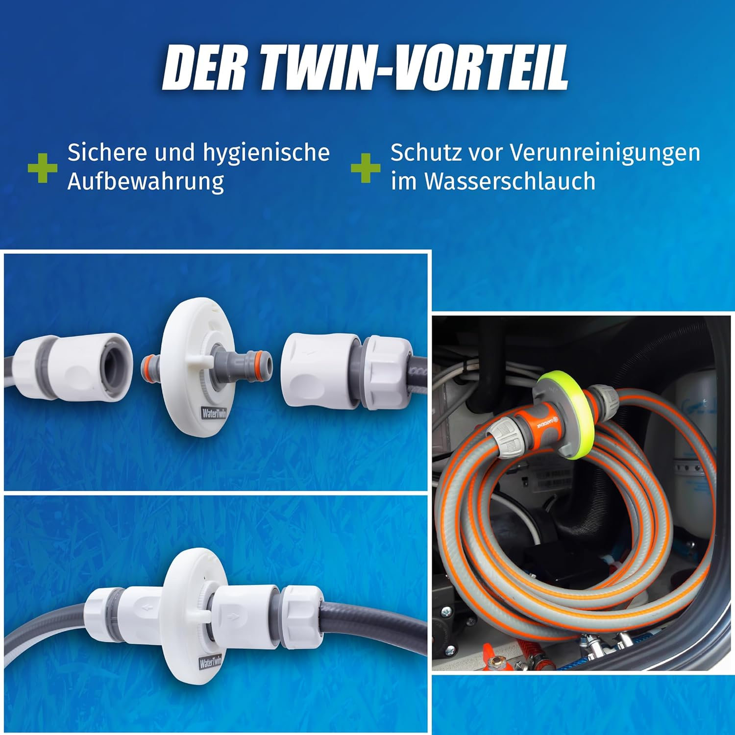 Watertwin Motorhome Caravan Water Tank Adapter, Gardena Compatible, Double Coupling, Overflow Function, Wei&szlig;, Plastic, Round image number 2