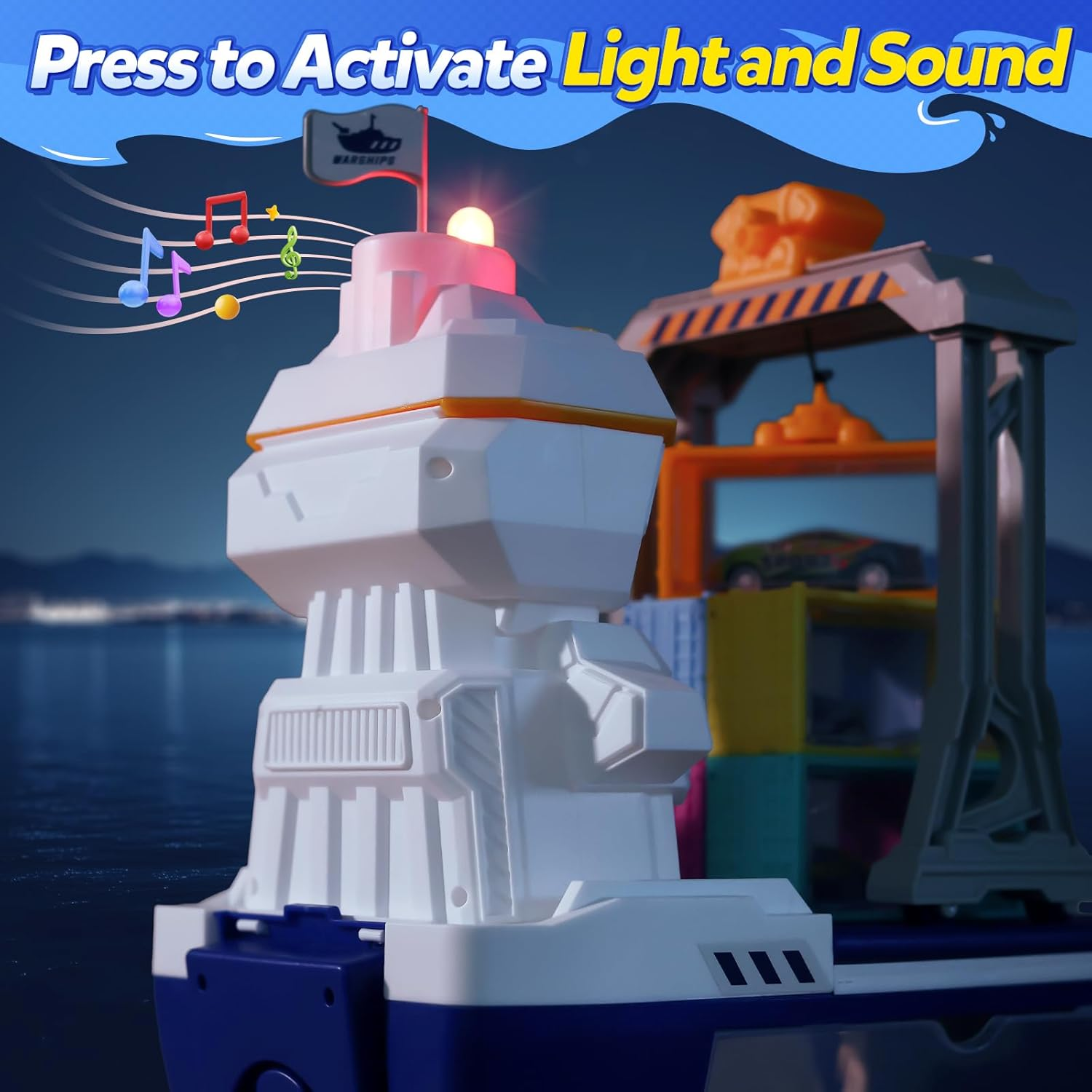 CUTE STONE Cargo Ship Toy & Gantry Crane, Toy Boat and Crane Playset with Sounds & Lights, Transport Containers, Push and Go Vehicle Cars, Kids Play Boats for Boys Girls image number 5