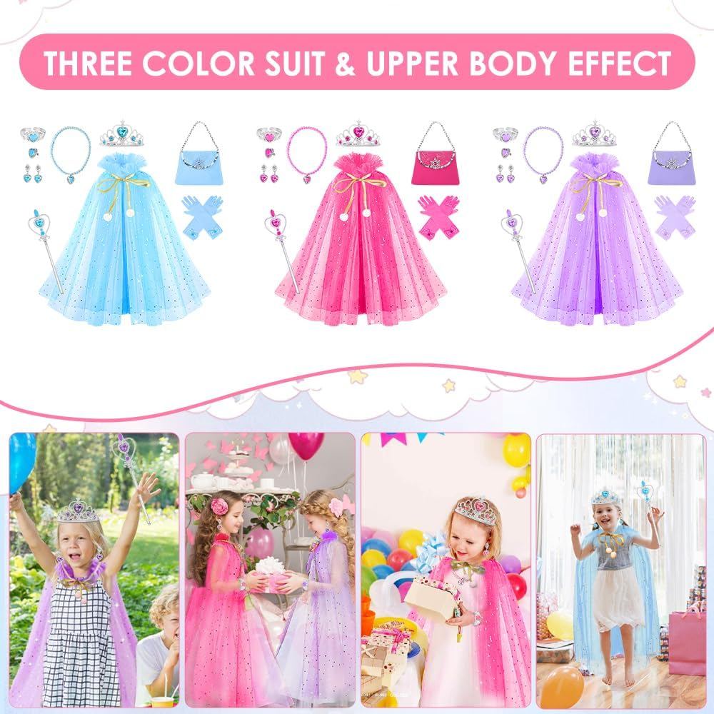 Slowton Princess Cape Set - 11 Pieces Princess Cloak with Handbag Tiara Crown Wand Gloves Jewelry - Princess Dress up Costume for Halloween Cosplay Christmas Birthday Party, Aged 3-8 image number 2