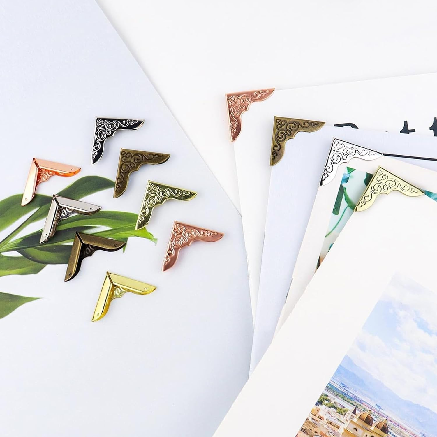 80Pcs Metal Book Corner Protector, 4 Colors Protective Corner Edge Decoration for Books Vintage Corner Protection Vintage Photo Corners Decorative Protector for Scrapbook Menus Folder Book image number 5