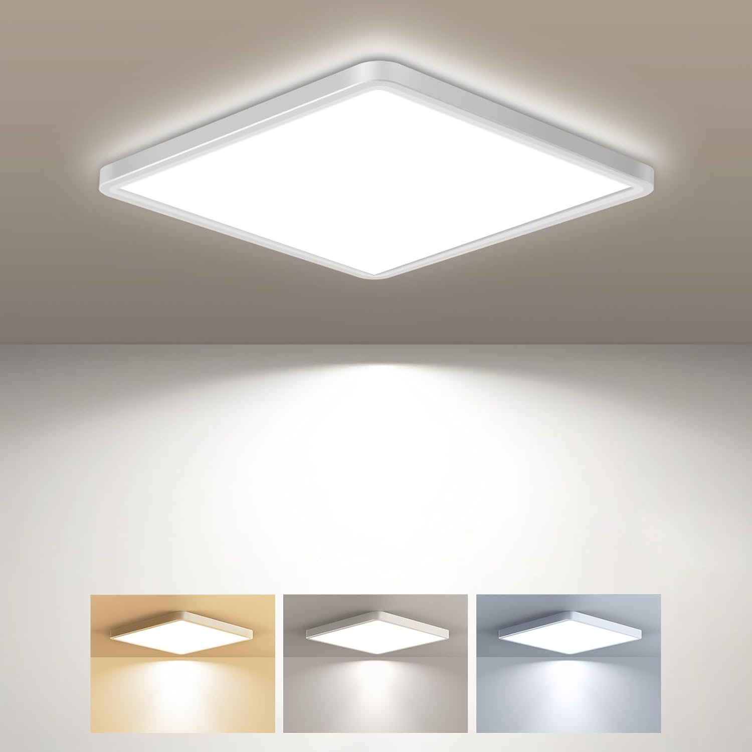 Zemty Square LED Ceiling Light, 3 Colours (3000K/4000K/6500K) Ceiling Light, 1800LM IP44 Waterproof Bathroom Ceiling Light for Office, Kitchen, Bedroom, Hallway, Balcony, Garage, 18 Cm image number 2