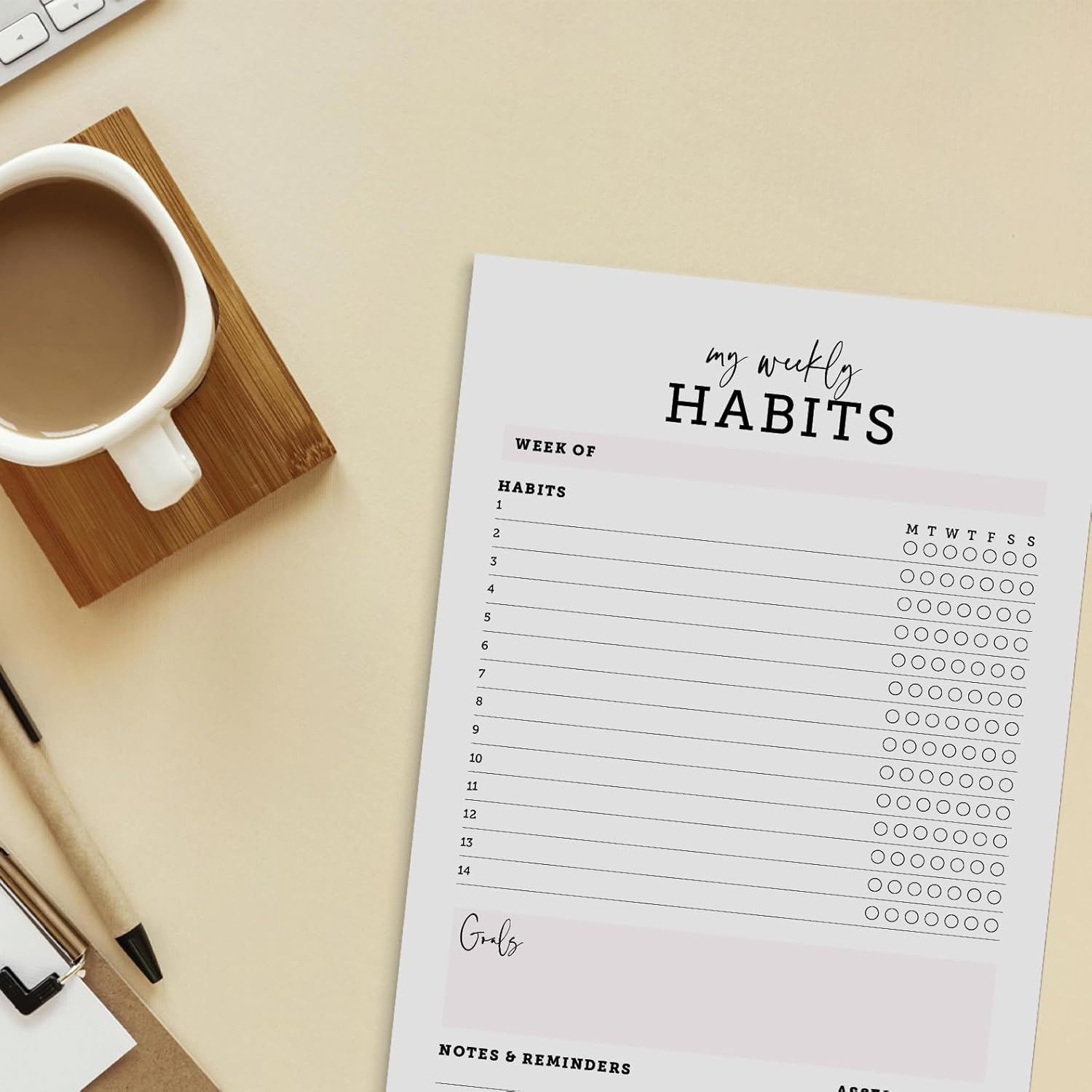 CARDAMONOLY Habit Tracker Notepad in Black and Light Pink- 50 Page Tear off Planning Pad - 6 X 9 - High Performance Planner - Chore Chart for Adults - Weekly Planner Undated - Self Care Planner image number 1