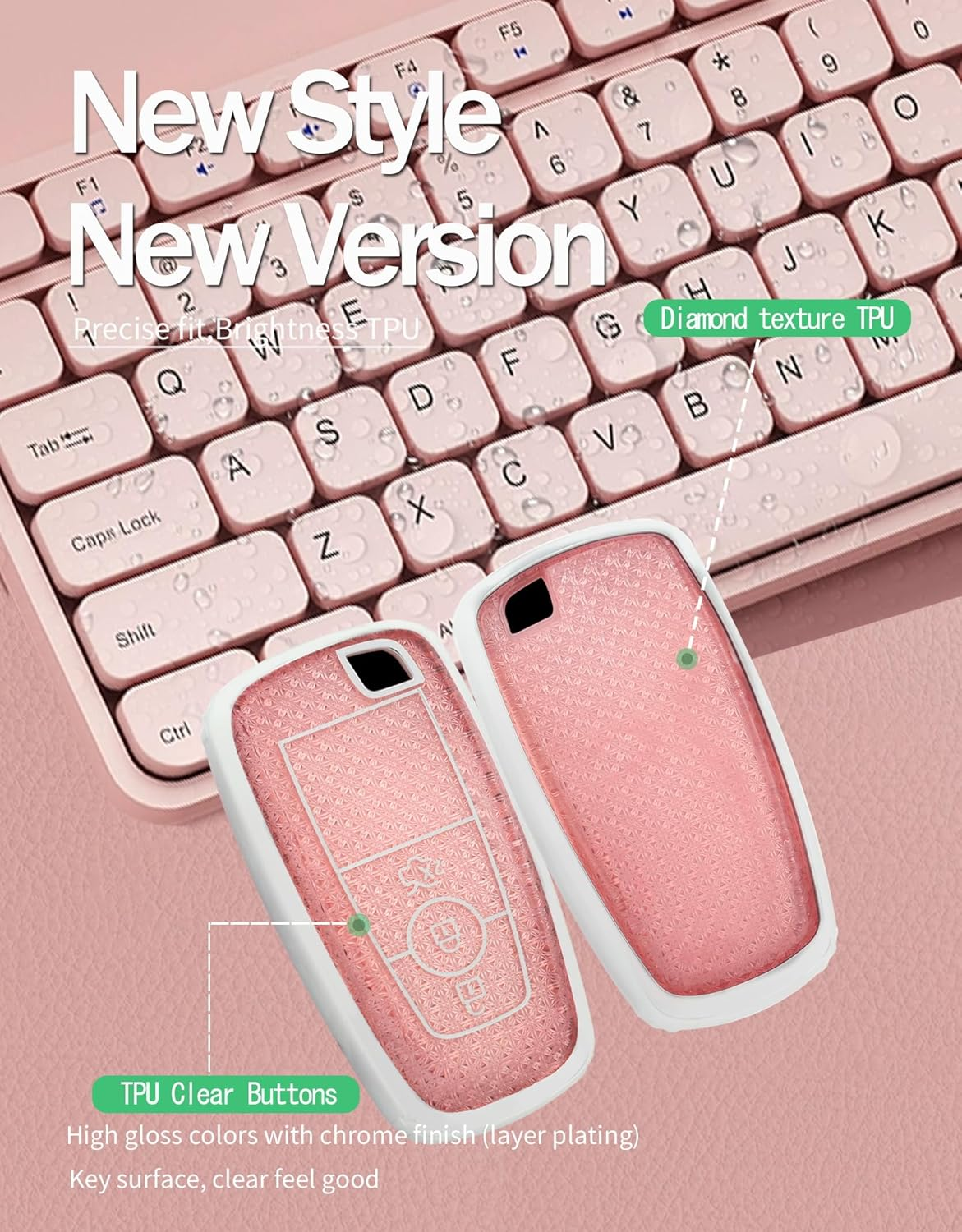 Ontto TPU Car Key Fob Cover Fit for Ford Ranger Everest Transit Custom Kuga Mustang Ecosport Bronco Edge Fusion Key Case Holder Keychain Shell Keyring Bag Bling Protector Accessories Pink 2 image number 3