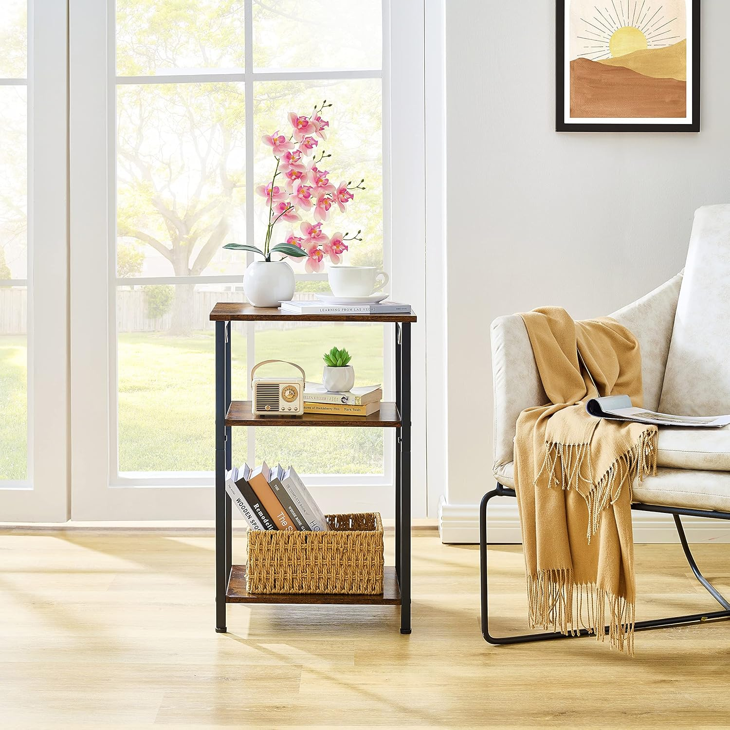 Hoctieon 3 Tier Tall End Table, Slim Night Tables, Narrow Side Table with Storage, Nightstand for Small Spaces, Metal Frame, for Living Room, Bedroom, Sofa Couch, Hall, Easy Assembly, Rustic Brown