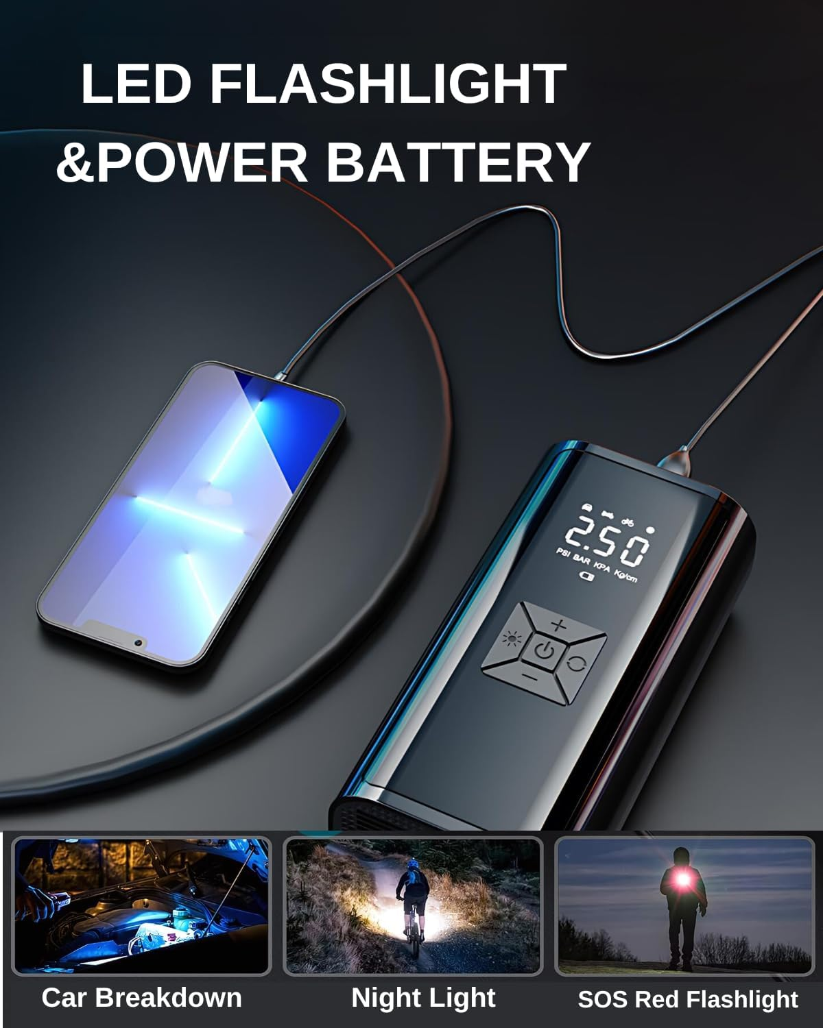 Tyre Inflator Portable Air Compressor 6000Mah Electric Cordless Air Pump with Battery LED Light, with 150PSI Pressure Gaugeand/Auto-Off/Wheel Tire Inflator for Car, Bike, Motorcycle, Ball image number 2