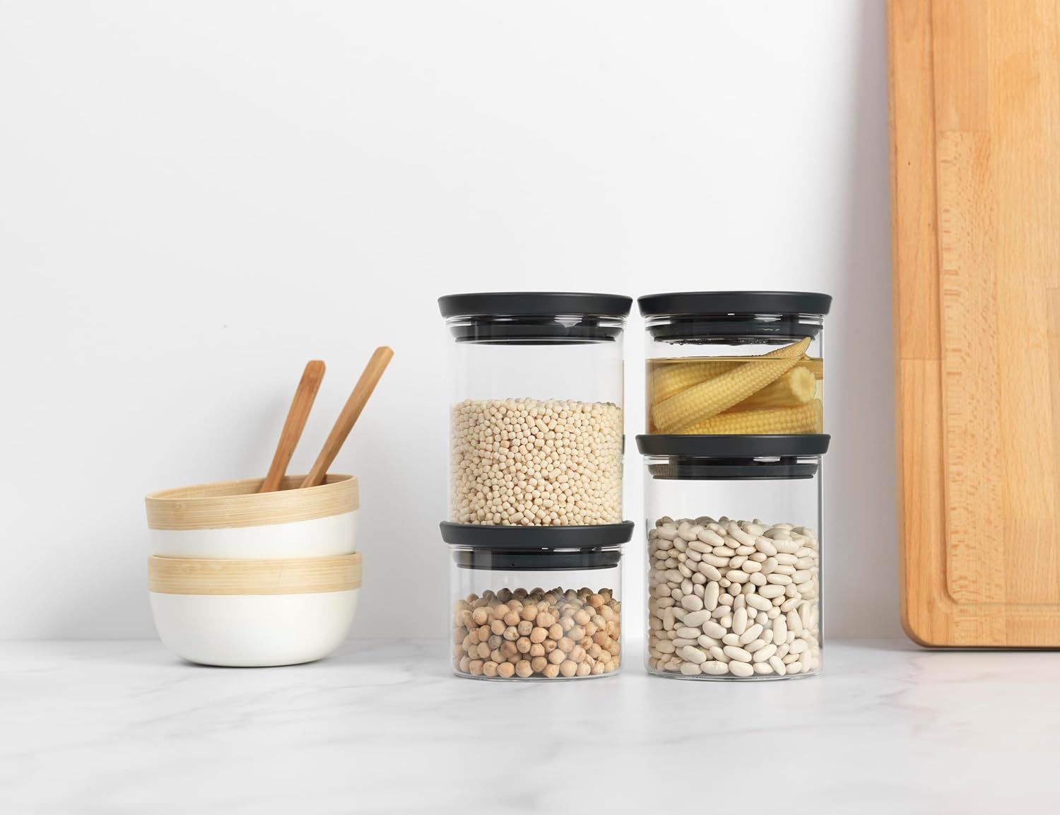 Brabantia 4Pc Stackable Glass Food Jars (Dark Gray) 2X 0.07 & 2X 0.13 Gal Heat-Safe, Dishwasher-Safe, Air-Tight Pantry Organizers - Clear image number 4
