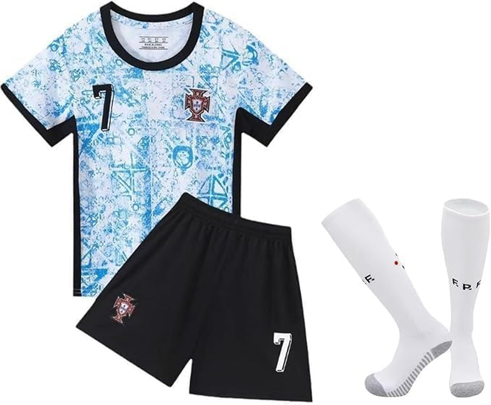 YEESON Youth Kid Soccer Jersey #7, Kids Soccer Jersey Away Portugal Blue Top + Shorts + Socks Kit image number 5