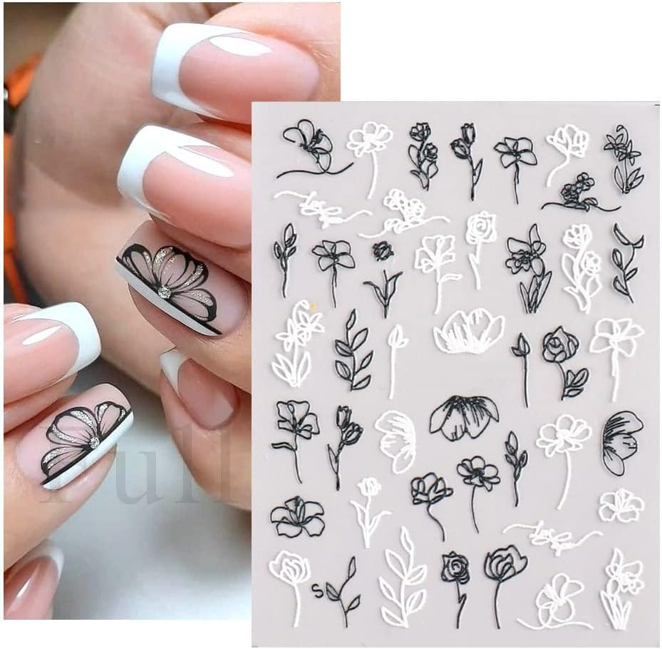 4 Sheets 3D Spring Nail Art Stickers, KXAMELIE Black and White Butterfly Flower Nail Stickers, Self-Adhesive Nail Polish Stickers, Simple Style for Acrylic Nails image number 4