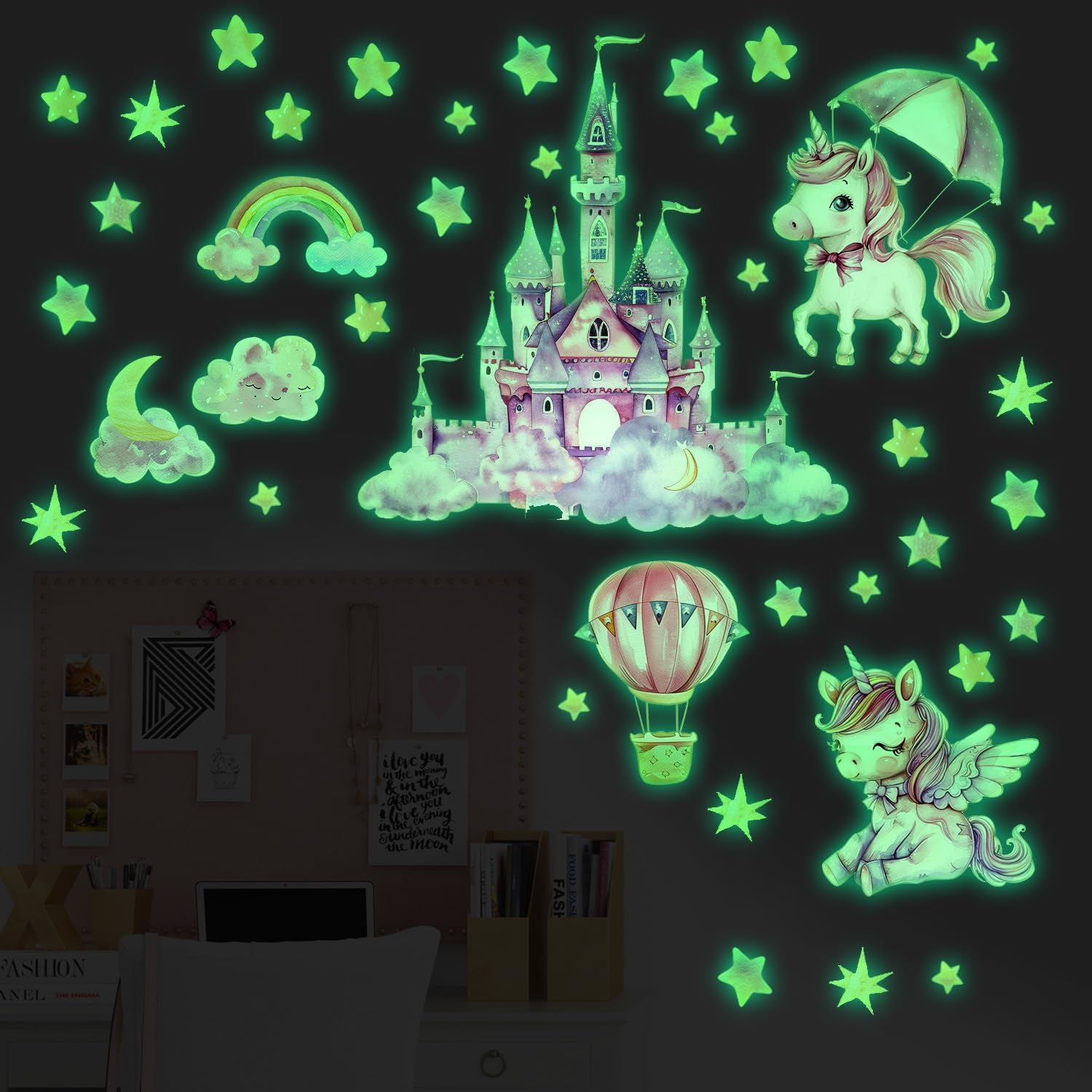 Glow in the Dark Unicorn Wall Decals, Glowing Castle Moon Star and Rainbow Stickers, Luminous Ceiling Decor for Kids Bedroom, Girls Gift (Unicorn Wall Decal) image number 1