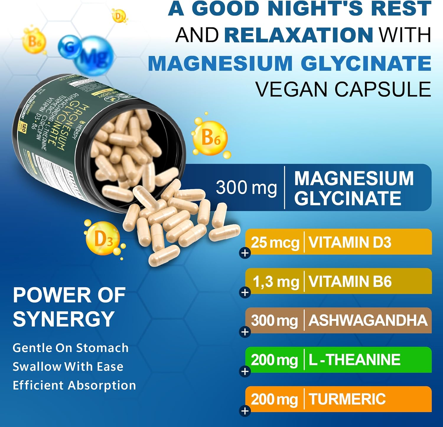 Herbpy 6In1 Restful Day and Night Supplement with Magnesium Glycinate, Vitamin D3, B6, L-Theanine, Ashwagandha and Turmeric Root - Brain, Heart and Digestive Health Support - 120 Vegan Capsules image number 5