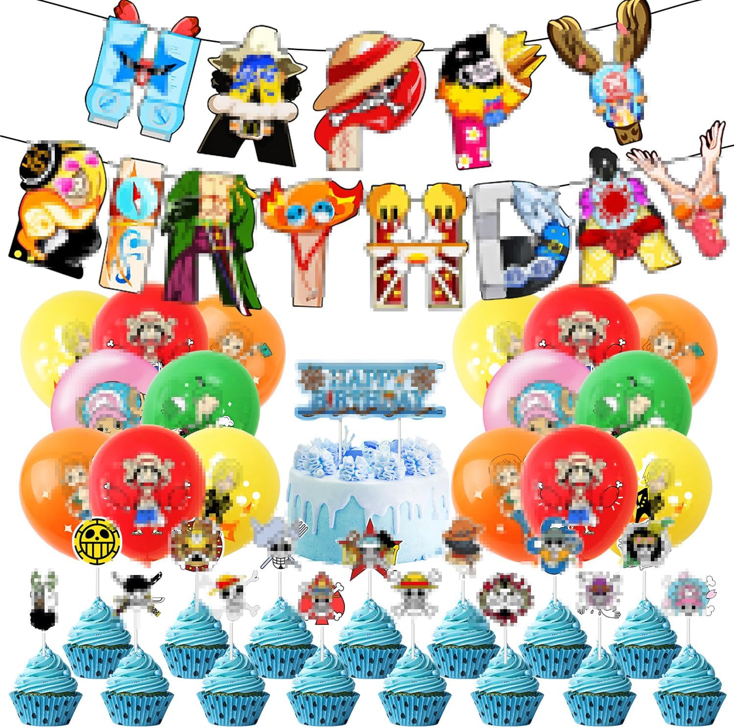 One Piece Birthday Decorations Set, 34 Pieces, One Piece Balloons, Birthday Banner, One Piece Cake Decoration, One Piece Latex Balloon, Cupcake Toppers, Party Accessories for Children'S Birthdays image number 2