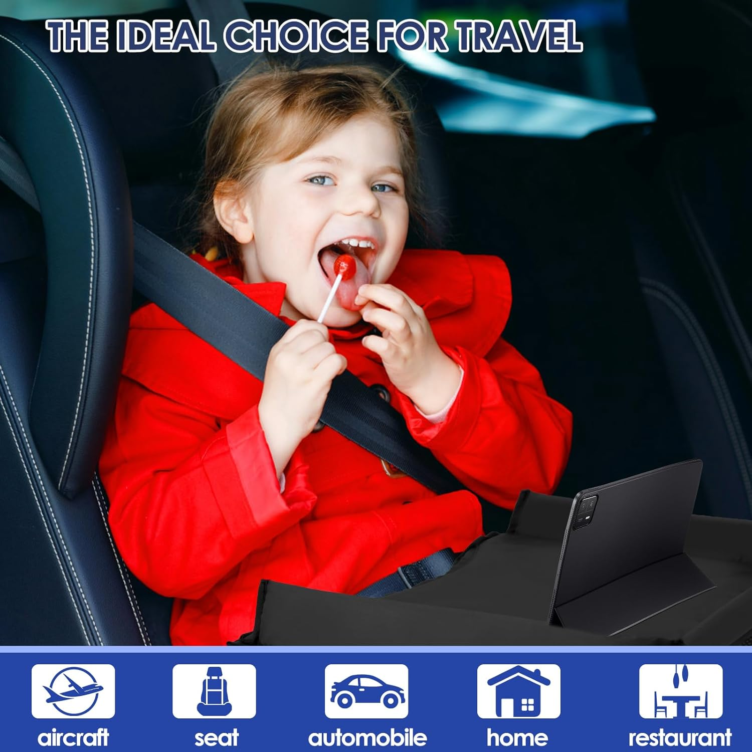 Kid Travel Tray Foldable Kid Car Tray Toddler Car Seat Tray with Adjustable Shoulder Strap and Pocket Car Lap Tray Practical Car Seat Table Tray for Kids Travel Airplane Outdoor 15.7&times;12.6&times;7.87 Inch image number 4