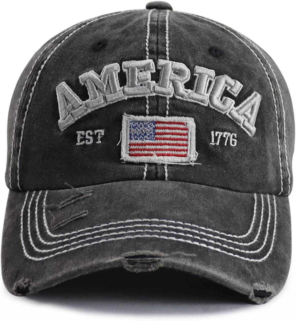 American Flag Hat for Men Women, Funny Adjustable Cotton Embroidered Distressed Baseball Cap