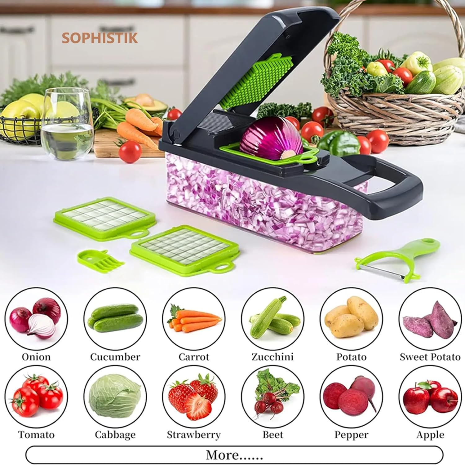 Sophistik 16-In-1 Multifunctional Vegetable Chopper, Slicer, Dicer & Grater with Interchangeable Blades, Wash Basket, Egg Separator, Easy-To-Clean, Space-Saving, Perfect for Slicing, Dicing, Grating image number 5