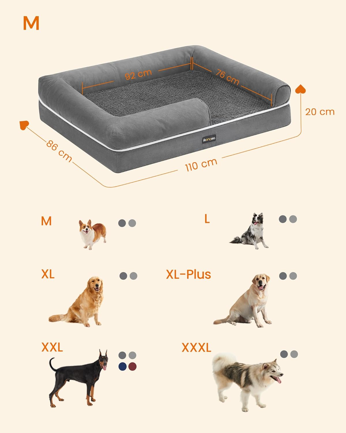 Feandrea Orthopaedic Dog Bed, Dog Cushion, Dog Basket, Soft Padding, Dog Sofa, Raised Edges, Removable and Washable Cover, 76 X 51 X 18 Cm, Non-Slip Backing, Light Grey PGW074G02V1 image number 5