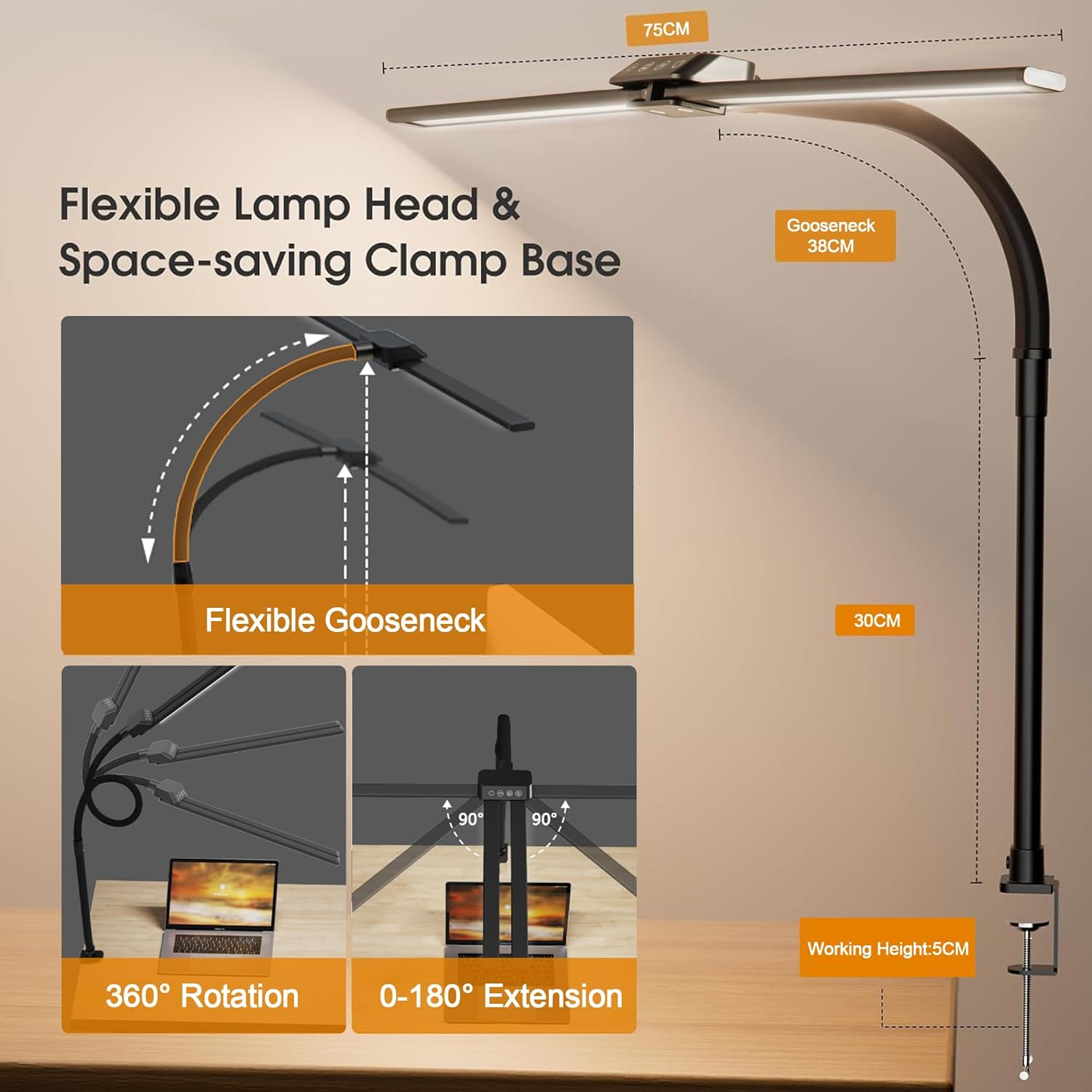Anyuainiya Dual Head LED Desk Lamp, Desk Lamp with Clamp for Home Office, Eye-Caring Architect Light with Flexible Gooseneck, 5 Color Modes & Stepless Dimming image number 1