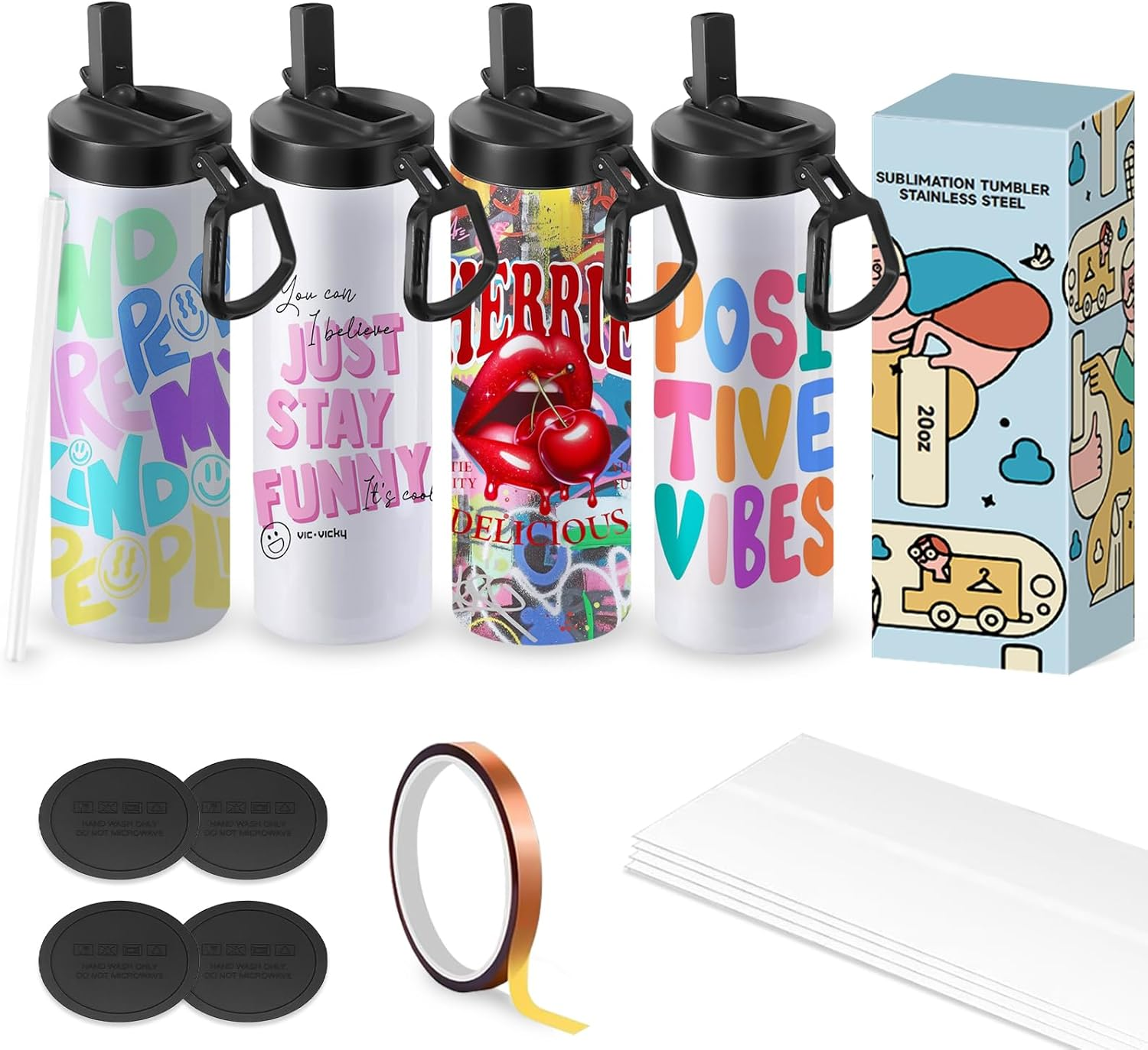 Cafultgo 4 Pack Sublimation Tumblers Blanks Cups Water Bottle 20 OZ White Straight Stainless Steel Tumbler with Metal Straw and Lid for Tumbler Heat Press Machine Sublimation Print