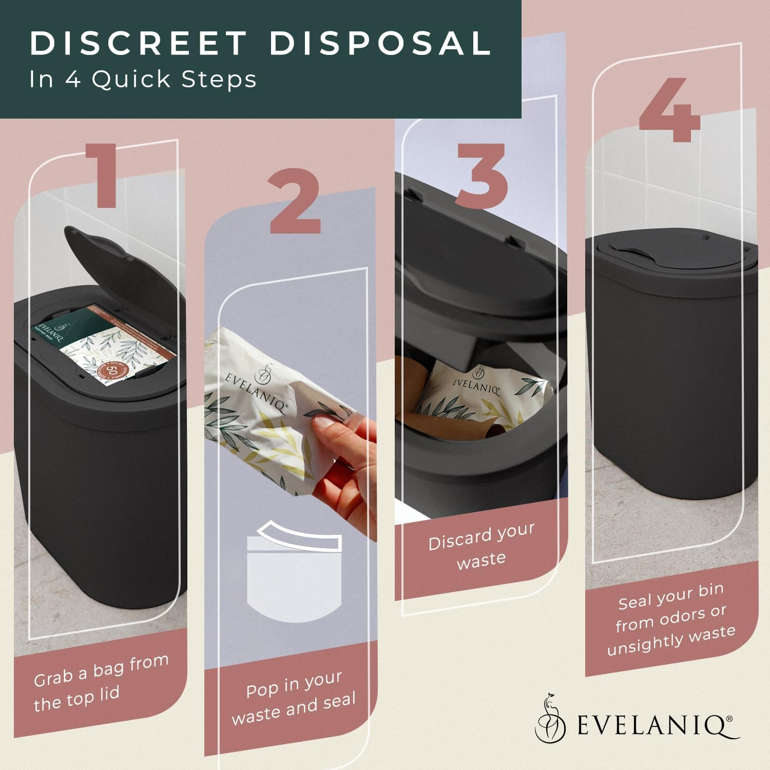 Women'S Sanitary Napkin Receptacle (Bin + 150 Hygiene Bags) Feminine Pad & Tampon Restroom Disposal Receptacle Mini Trash Can Starter Pack, Dark Grey for Home & Business Bathrooms. image number 3