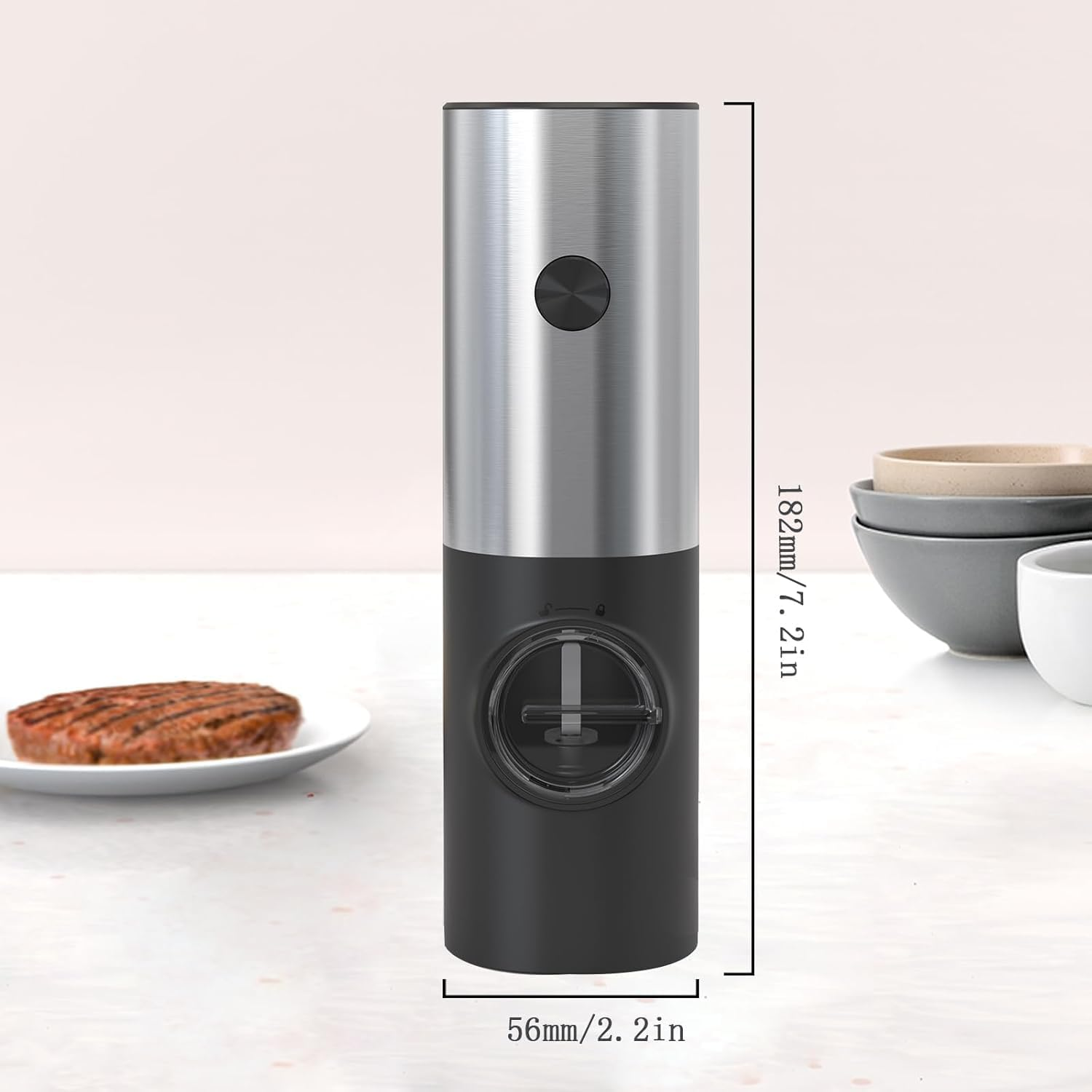 Electric Salt and Pepper Grinder Set, Battery Powered Automatic Pepper Mill, Ceramic Grinder with Adjustable Coarseness, LED Light, and Salt Mill Refillable, One Hand Operation (1 Pack-Silver) image number 1