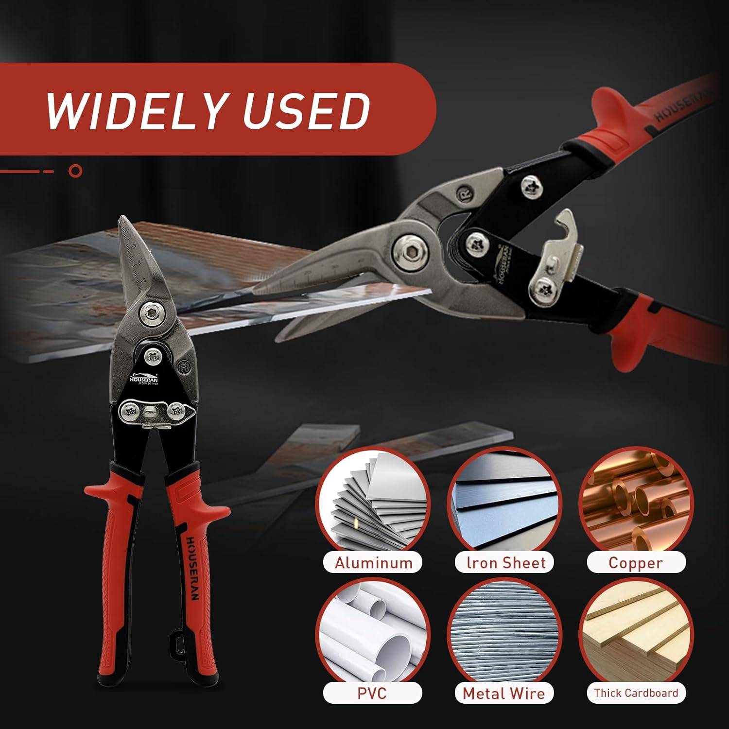 HOUSERAN 10 Inch Tin Snips, Right Cut Offset Aviation Snips, Heavy Duty CR-V Metal Cutter with Double Lever, Scale Markings & Safety Lock, Tinner Shears Scissors for Cutting Metal Sheet - Jy003 image number 3