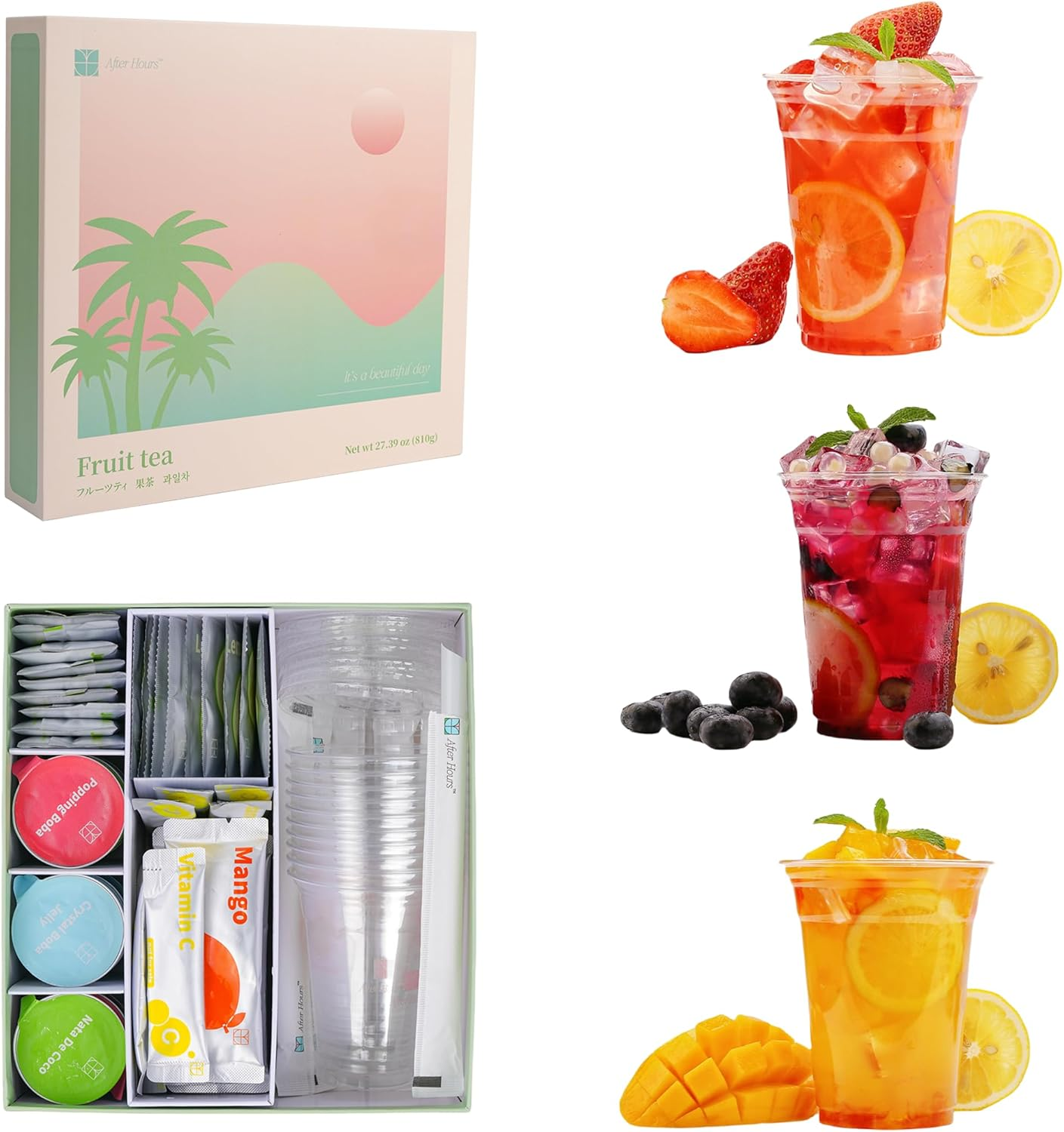 Boba Fruit Tea Kit for Party, 10 Drinks, Natural Tea&Vitamin C Based, Lychee & White Peach with Popping Boba, Grapefruit & Guava with Nata De Coco, Grape Syrup with Crystal Boba Jelly
