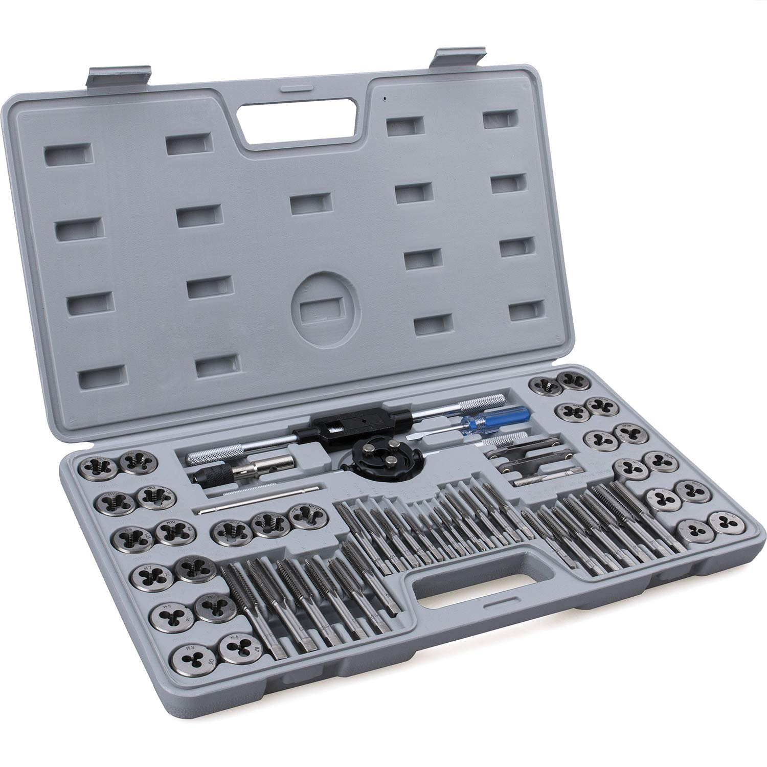 60-Pc Master Tap and Die Set - Include SAE Inch Size #4 to 1/2&rdquo; and Metric Size M3 to M12, Coarse and Fine Threads | Essential Threading Rethreading Tool Kit with Complete Accessories and Storage Case image number 1
