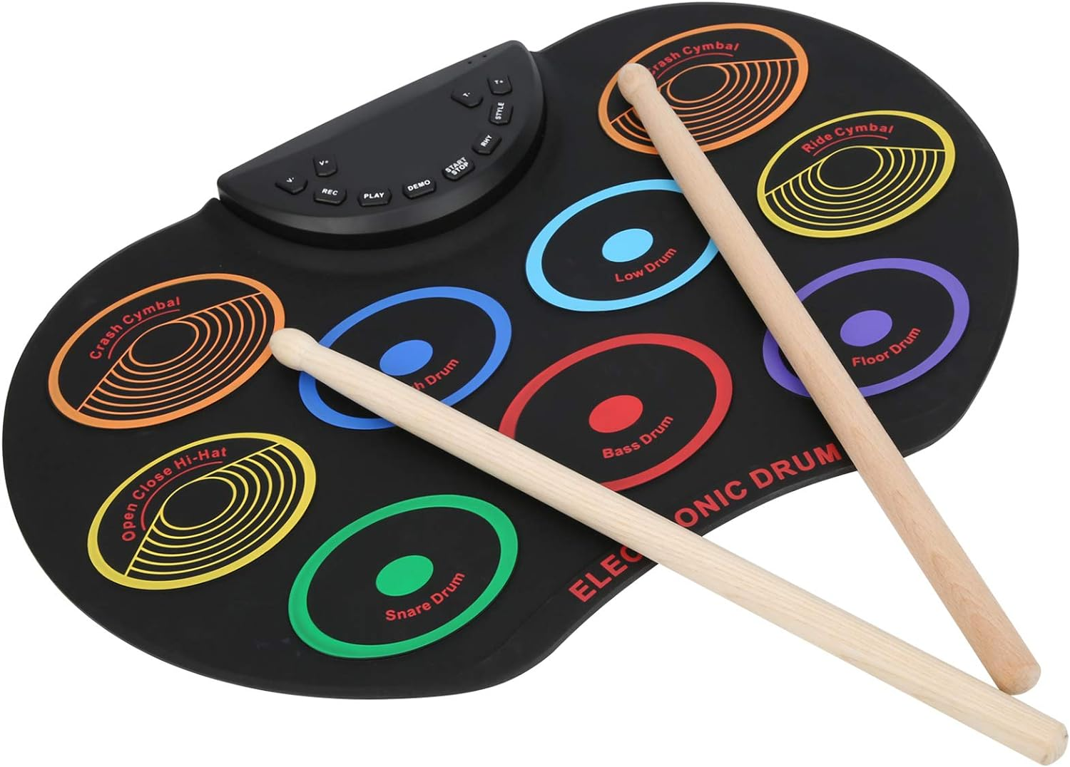 Electronic Drum Set, Portable Foldable Roll up Practice Pads, 3 Tones 12 Rhythms 12 Demo Songs, Built-In Speaker, Pedals, Sticks, Colorful Electric Kit for Beginner Kids image number 2