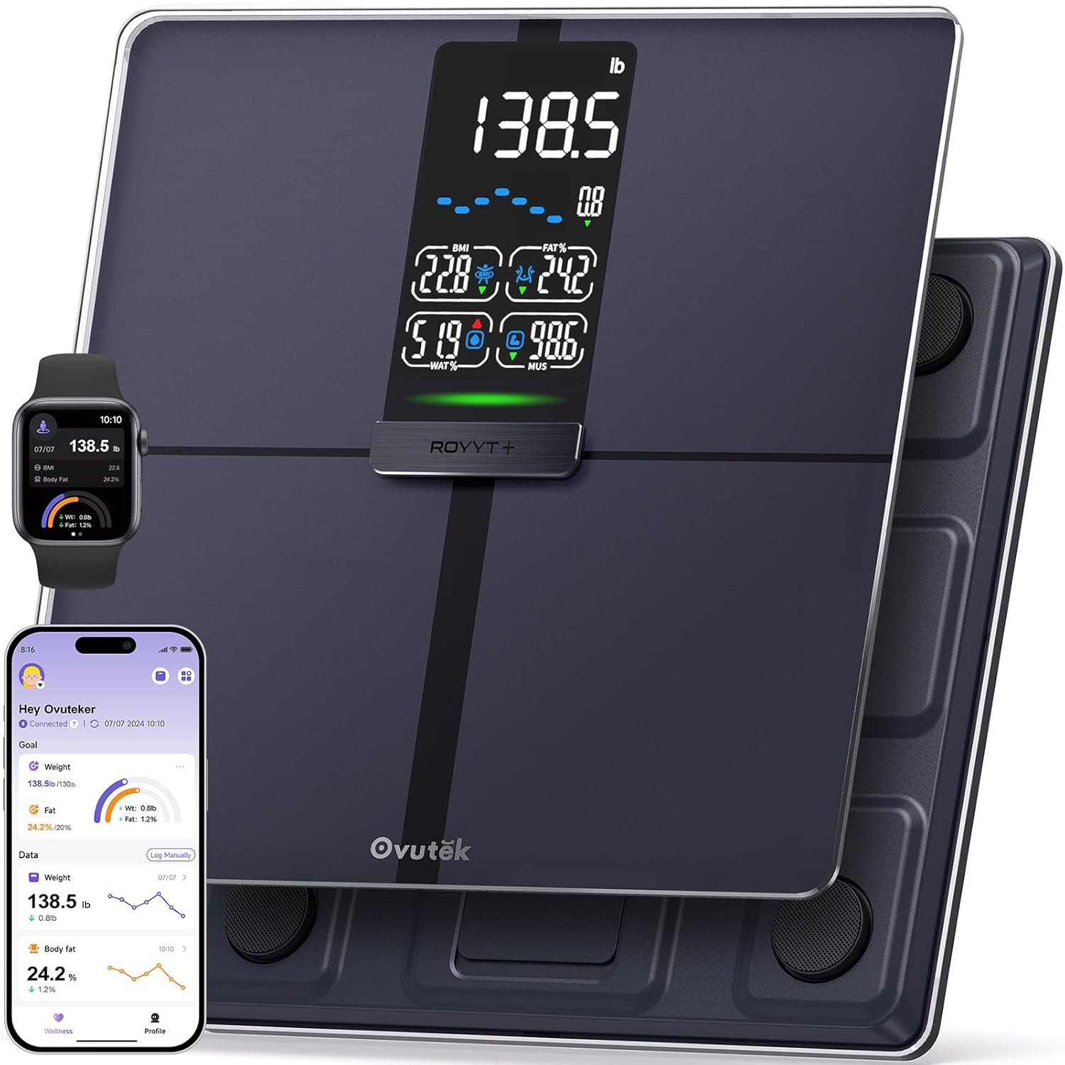Ovutek Professional Smart Scale for Body Weight, BMI, Body Fat, Muscle Mass, Highly Accurate Body Composition Weighing Machine, Bathroom Digital Scale Large Display Sync with Fitness App, 450Lb image number 3