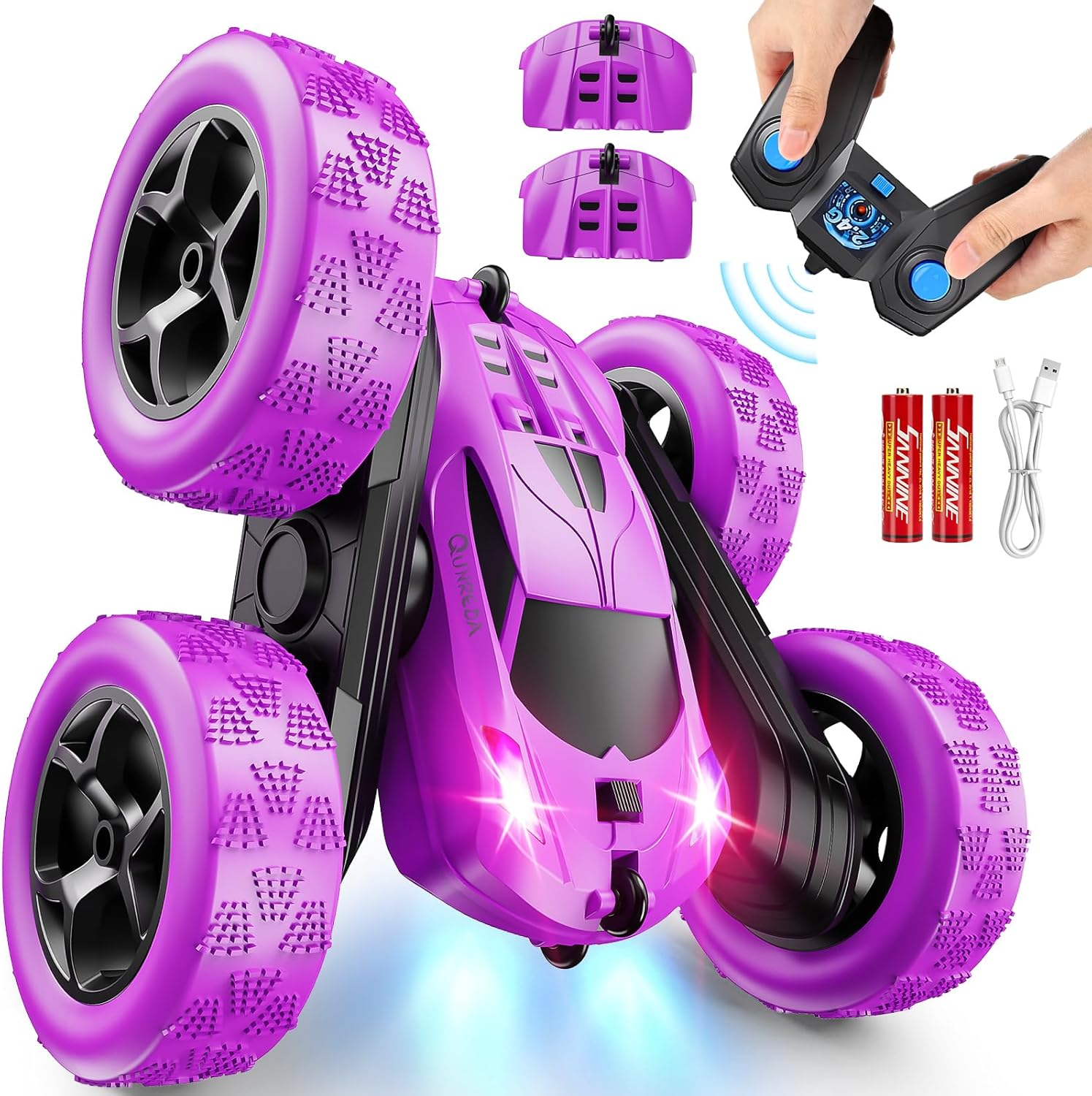 QUNREDA Remote Control Car, RC Cars Toys for Kids Ages 6-12, 4WD Stunt Car with LED Lights & 360&deg; Flips, 2.4Ghz, Upgraded USB-C Modular Batteries, Ideal Birthday Gift 8-10 Year Old Boys Blue image number 4