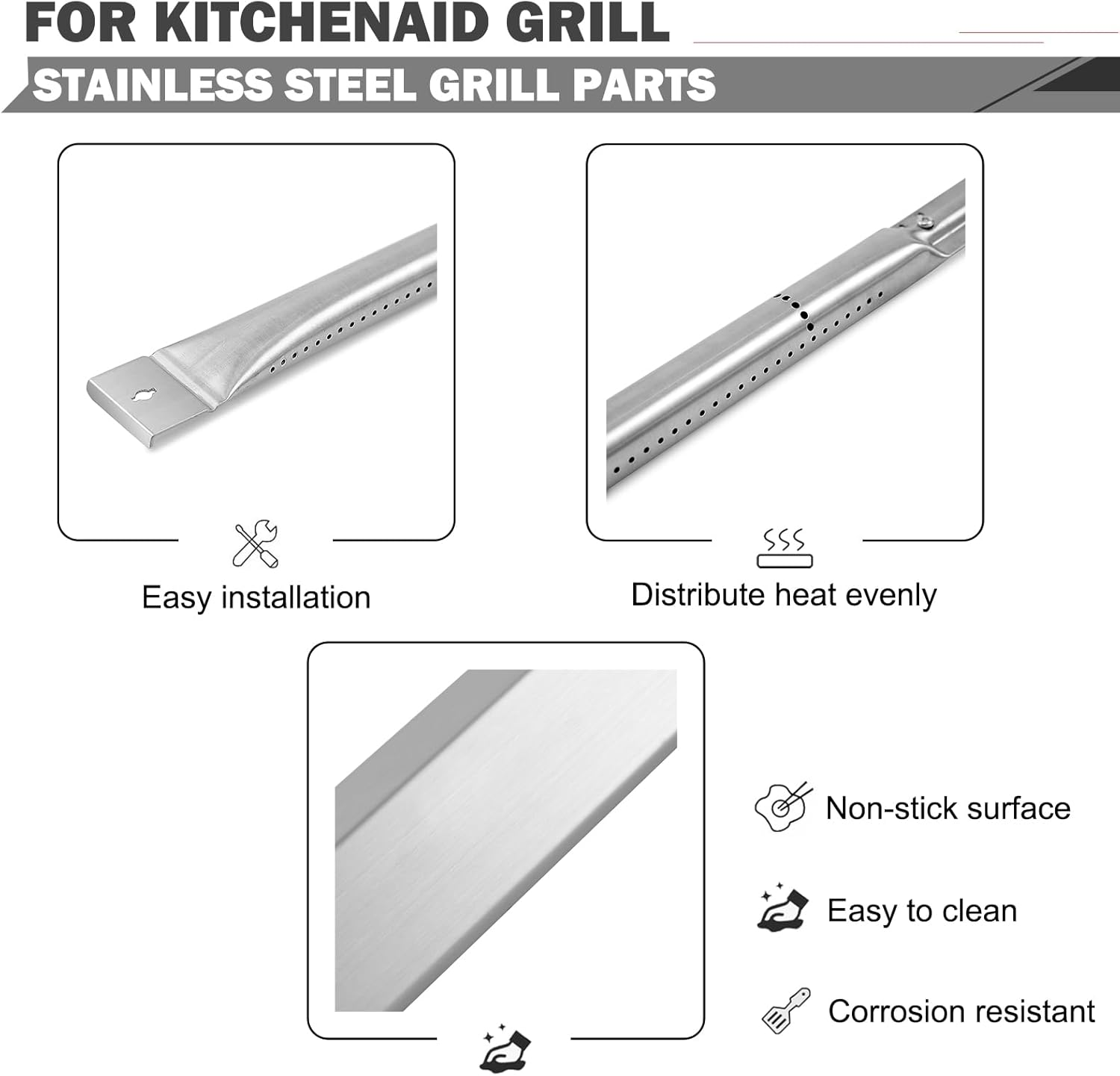 740-0780 Grill Parts Heat Plates Burners for Kitchenaid Grill Replacement Parts 740-0781 720-0745B Kitchenaid 4 Burner Grill Parts Stainless Steel Heat Shields Burner Tube Kits Heat Bar Parts image number 3