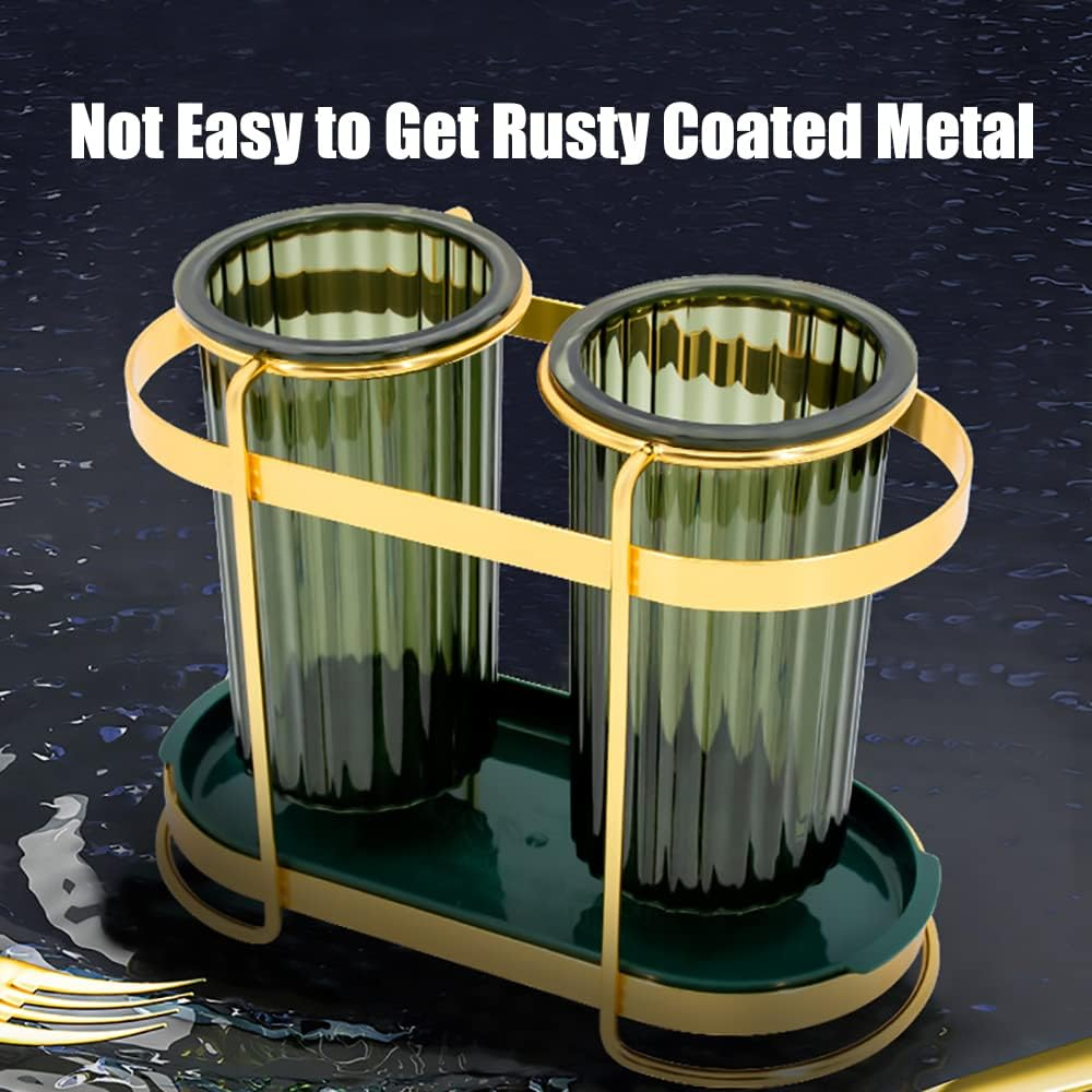 FOREVERIE Gold Metal Cutlery Holder Organizer with Draining Drip Holes & Flatware Drainer Plate, Kitchen Utensil Holder Organiser Drying Rack for Chopstick, Fork, Spoon Etc. image number 4