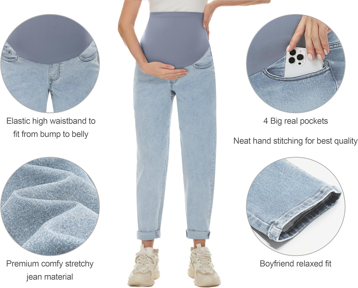 POSHGLAM Women'S Maternity Jeans over Belly Comfy Stretch Boyfriend Jeans Denim Pregnancy Pants, S-XXL image number 7