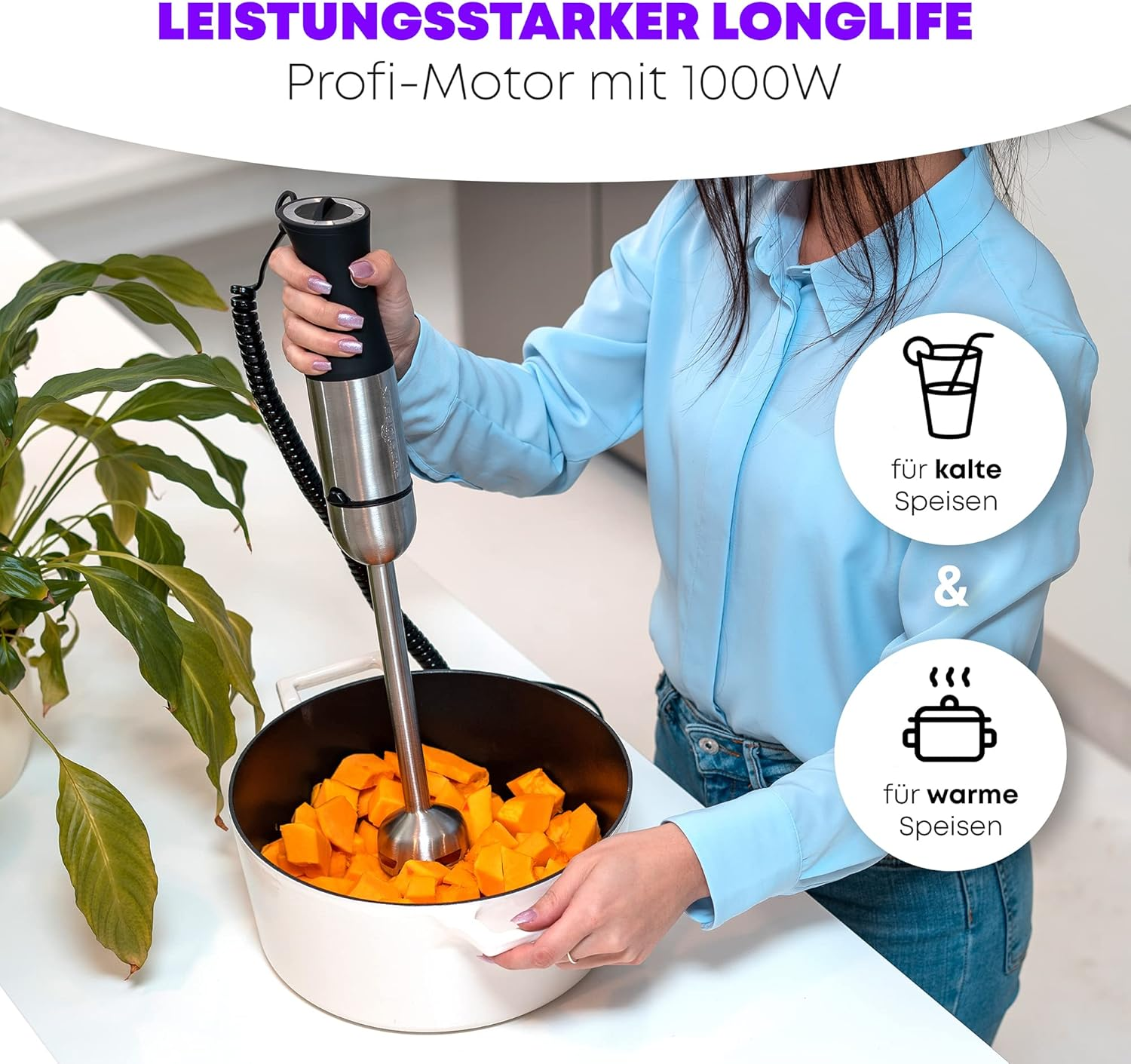 Proficook&reg; Hand Blender | Stainless Steel | 1000 Watt | Extra Long 27 Cm Rod | Speed Control | Ergonomic Soft Touch Handle | 4-Way Stainless Steel Knife | Removable Mixing Rod | PC-SM 1094 image number 5