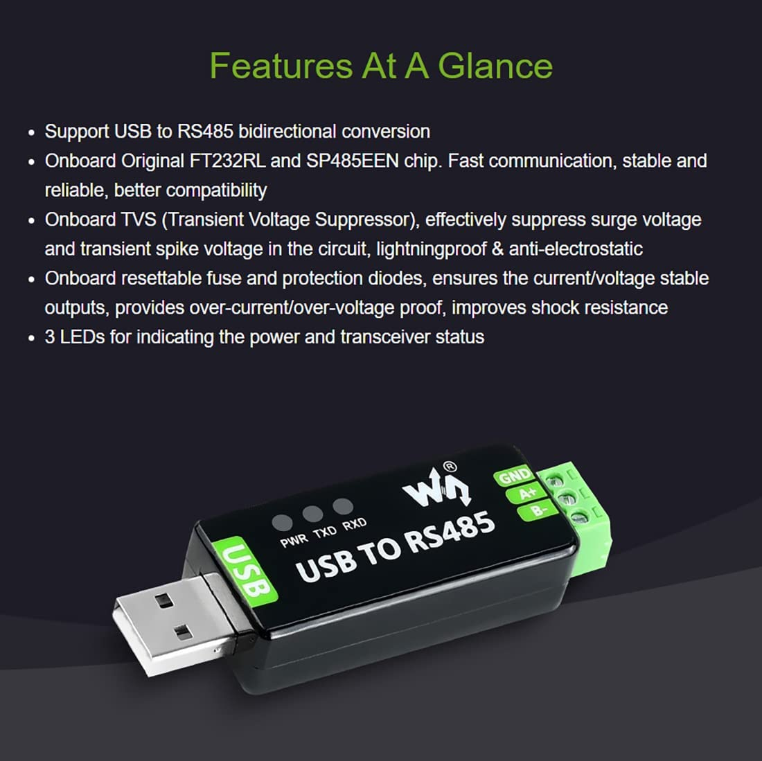 Waveshare Industrial USB to RS485 Converter with Original FT232RL and SP485EEN Embedded Protection Circuits for Industrial Control Equipments And/Or Applications with High Communication Requirement image number 6