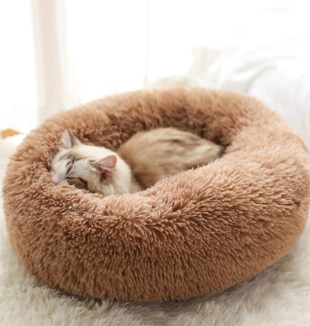 YUPPIE TONE Dog Bed, Cat Bed, Washable Fluffy Soft Plush round Doughnut Portable Sofa Bed Pet Bed - Beige 70 Cm