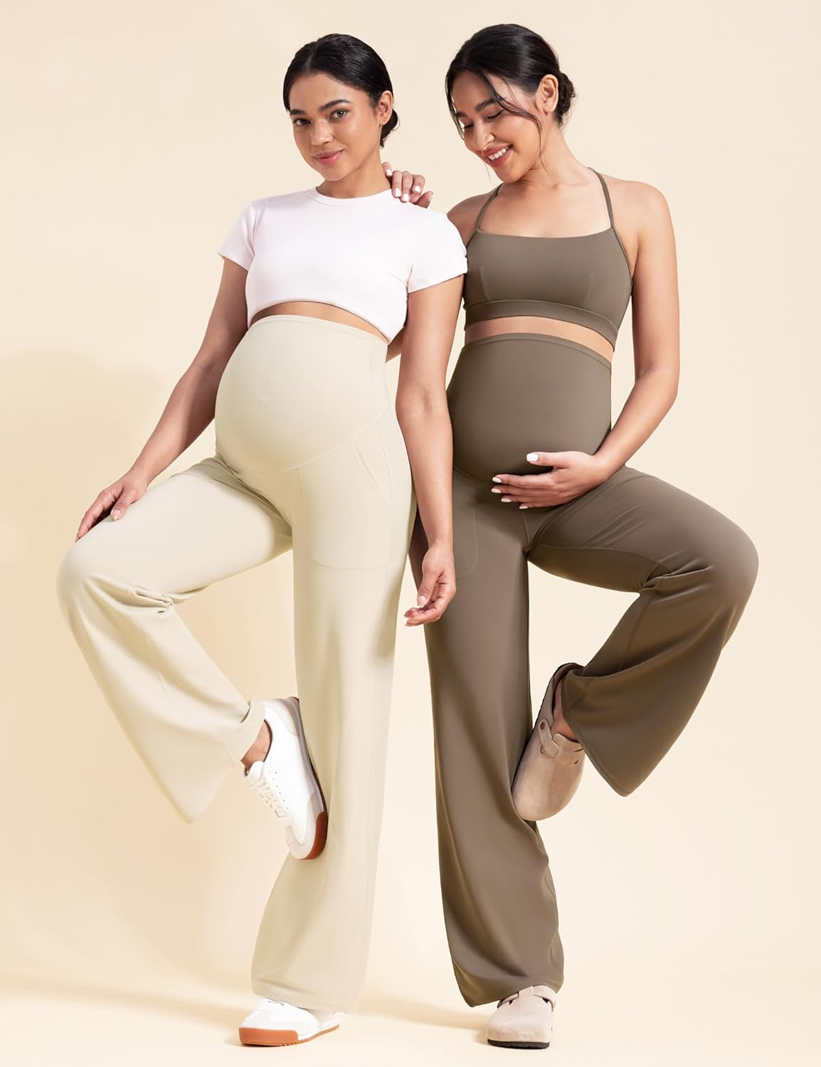 POSHDIVAH Women'S Creamluxe Maternity Yoga Wide Leg Pants Petite/Regular/Tall Pregnancy Work Dress Sweatpants with Pockets image number 3