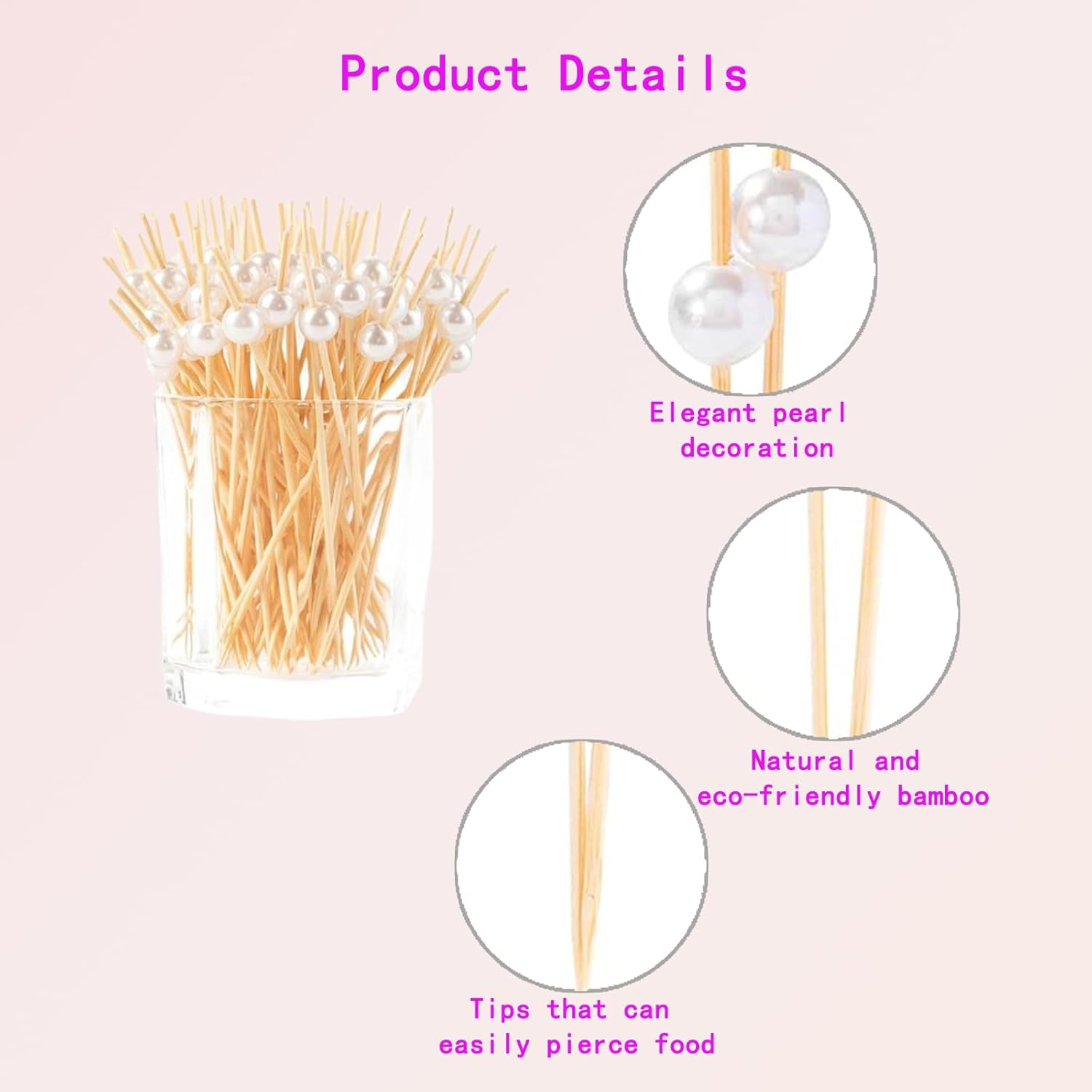 200 PCS Pearl Bamboo Toothpicks for Appetizers and Drinks - 4.7 Inch Long Skewers for Wedding Party Decorations and Charcuterie Accessories image number 4