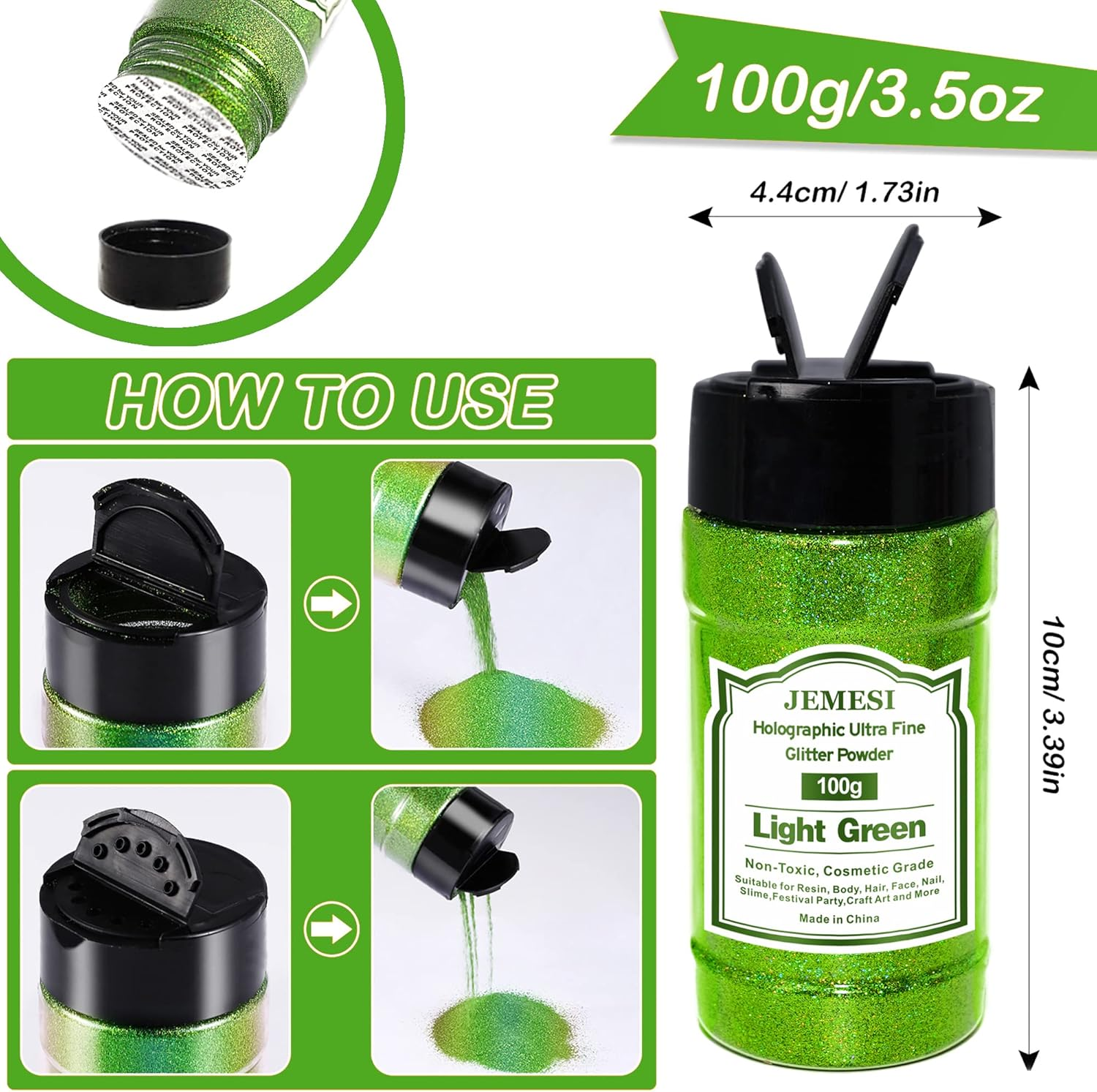 JEMESI Green Fine Glitter Holographic Glitter Powder, Glitter Powder for Epoxy Resin, Nail, Casting, Body Art & Decoration - 100 G image number 4