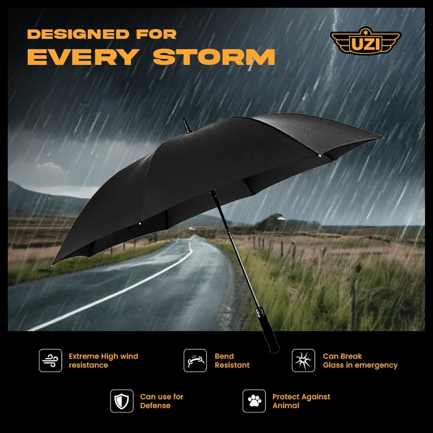 Uzi Tactical Self Defense Umbrella &ndash; Windproof Unbreakable Fiberglass with Carbide Tip - Lightweight, Large, Portable, Travel Umbrella for Men & Women &ndash; Combat-Ready for Rain, Snow & Wind